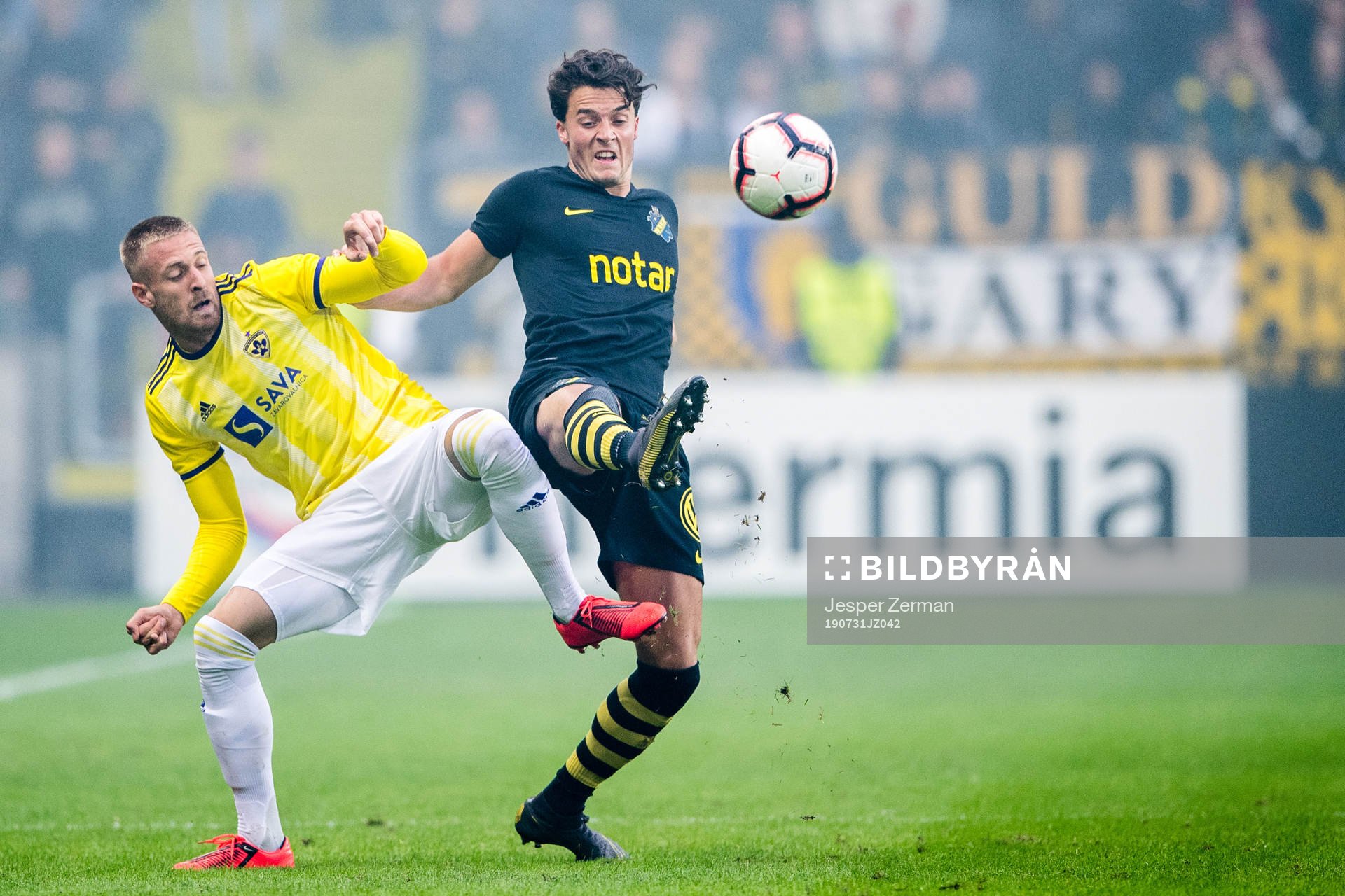 Andrej Kotnik of Maribor and Daniel Granli of AIK during the UEFA Champions League qualifying match between AIK and Maribor on July 31, 2019 in Stockholm.