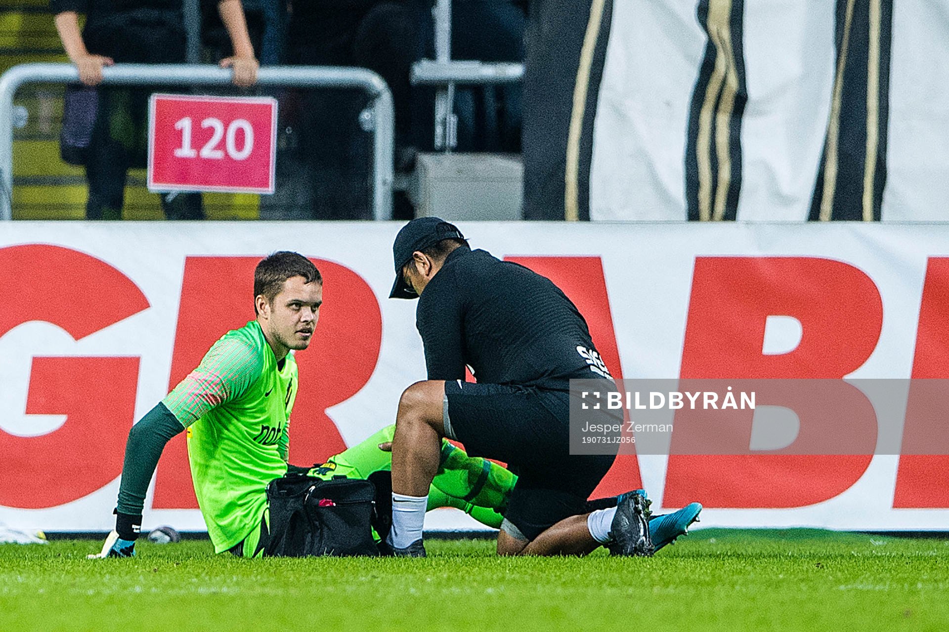 Goalkeeper Oscar Linnér of AIK with a possible injury