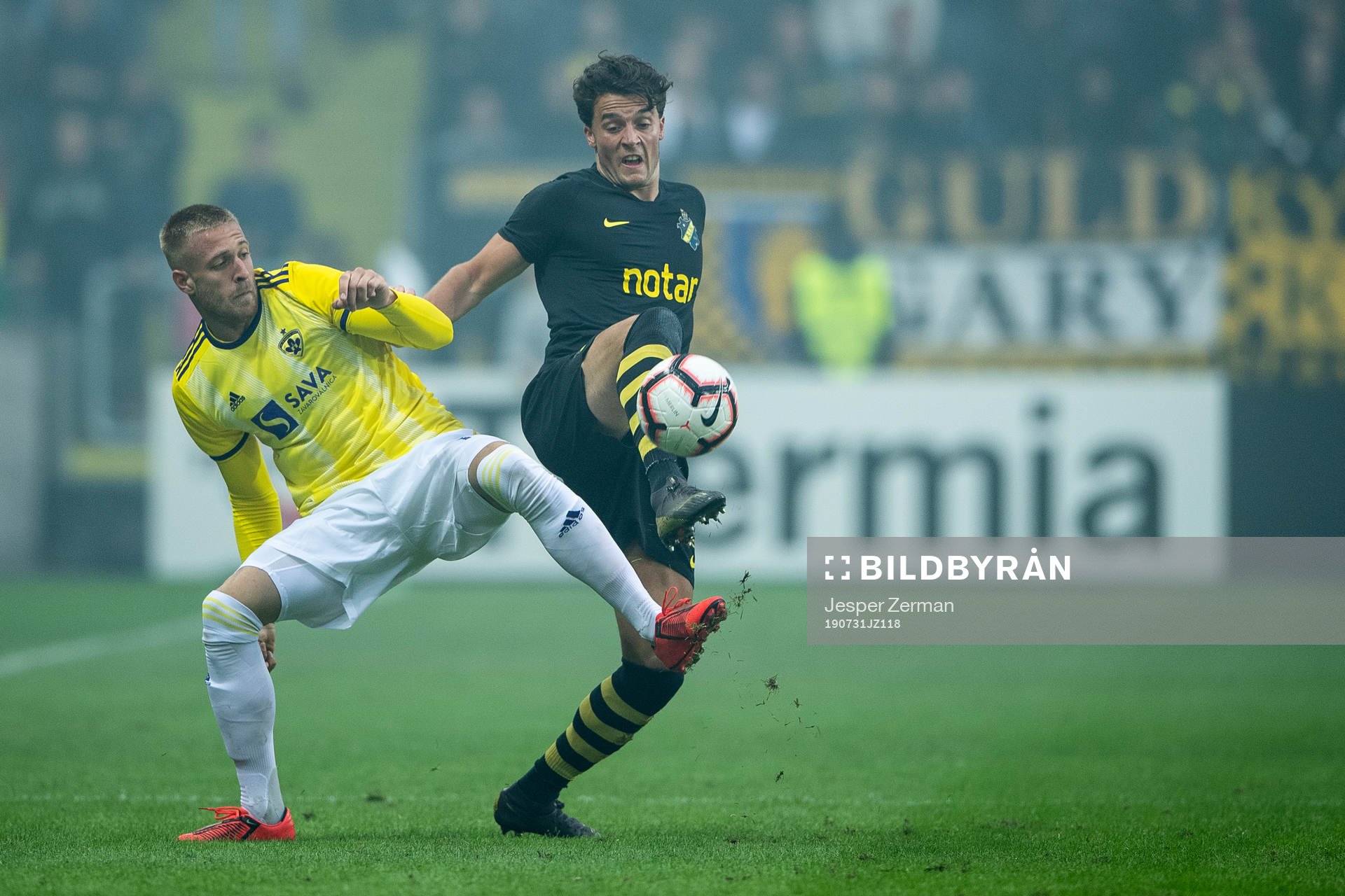 Andrej Kotnik of Maribor and Daniel Granli of AIK during the UEFA Champions League qualifying match between AIK and Maribor on July 31, 2019 in Stockholm.