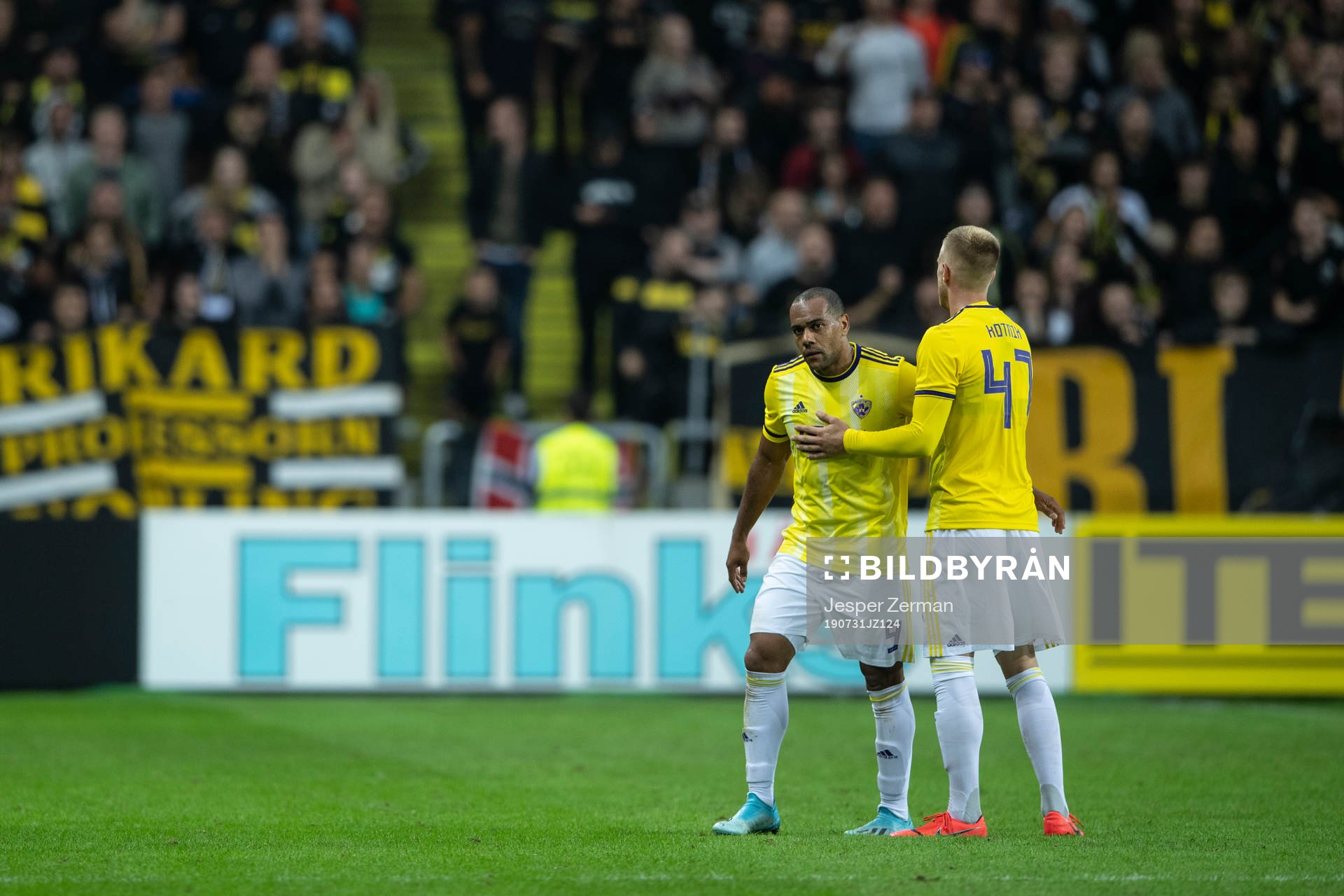 Marcos Tavares of Maribor and Andrej Kotnik of Maribor during the UEFA Champions League qualifying match between AIK and Maribor on July 31, 2019 in Stockholm.