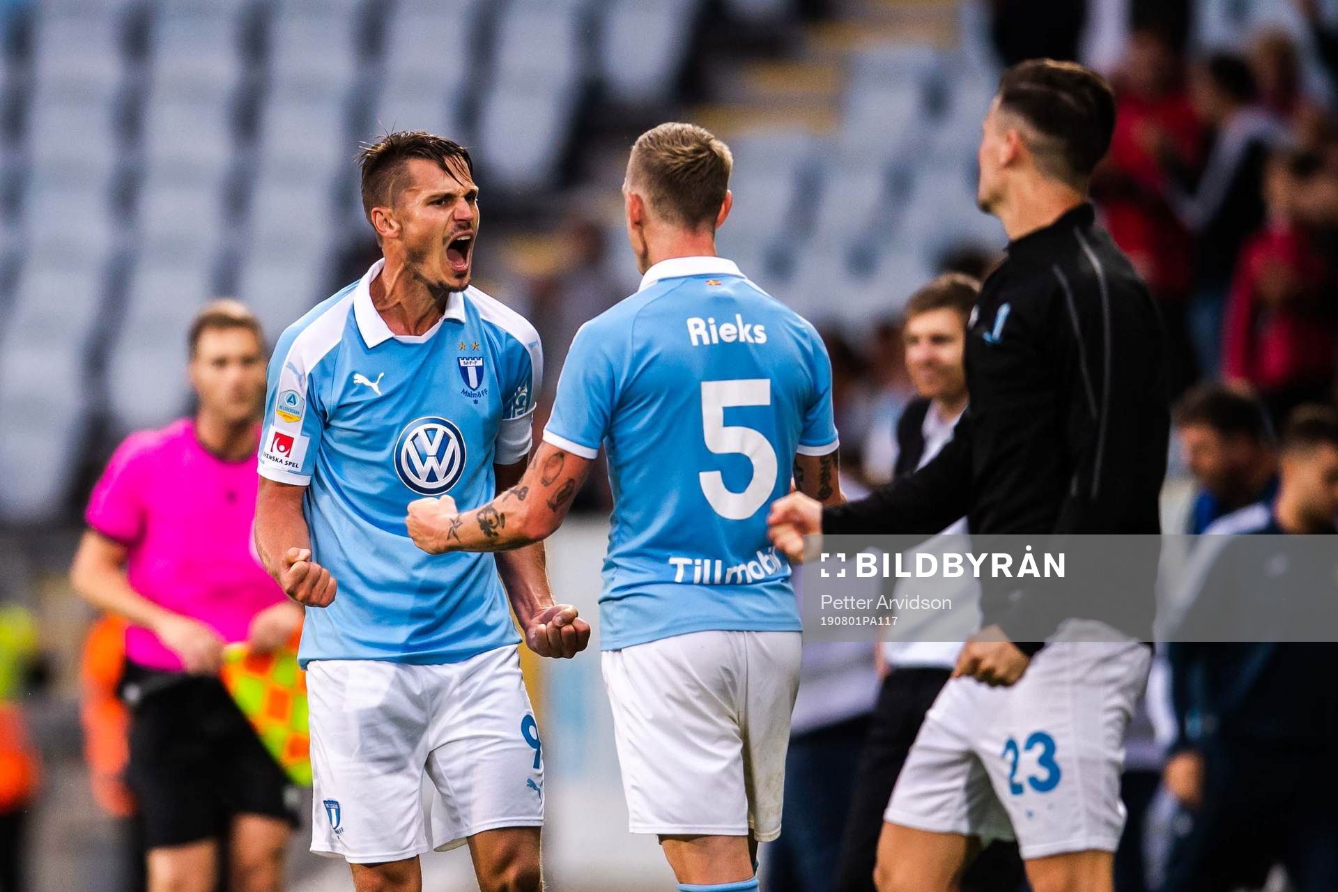 Markus Rosenberg and Sören Rieks of Malmö FF celebrate after the Europa League qualifying match between Malmö FF and Domzale on August 1, 2019 in Malmö.