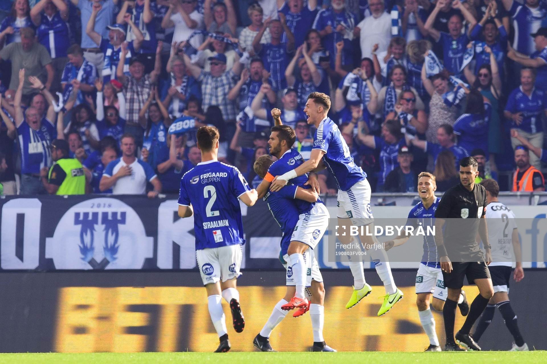 Joachim Thomassen of Sarpsborg 08 celebrate with teammates