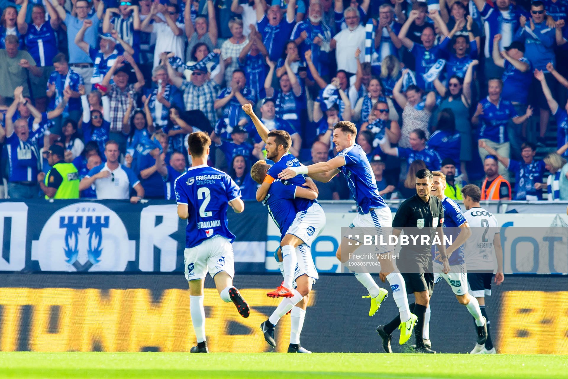 Joachim Thomassen of Sarpsborg 08 celebrates with his teammates after scoring 1-0 during the Eliteserien match between Sarpsborg 08 and Rosenborg on August 3, 2019 in Oslo.