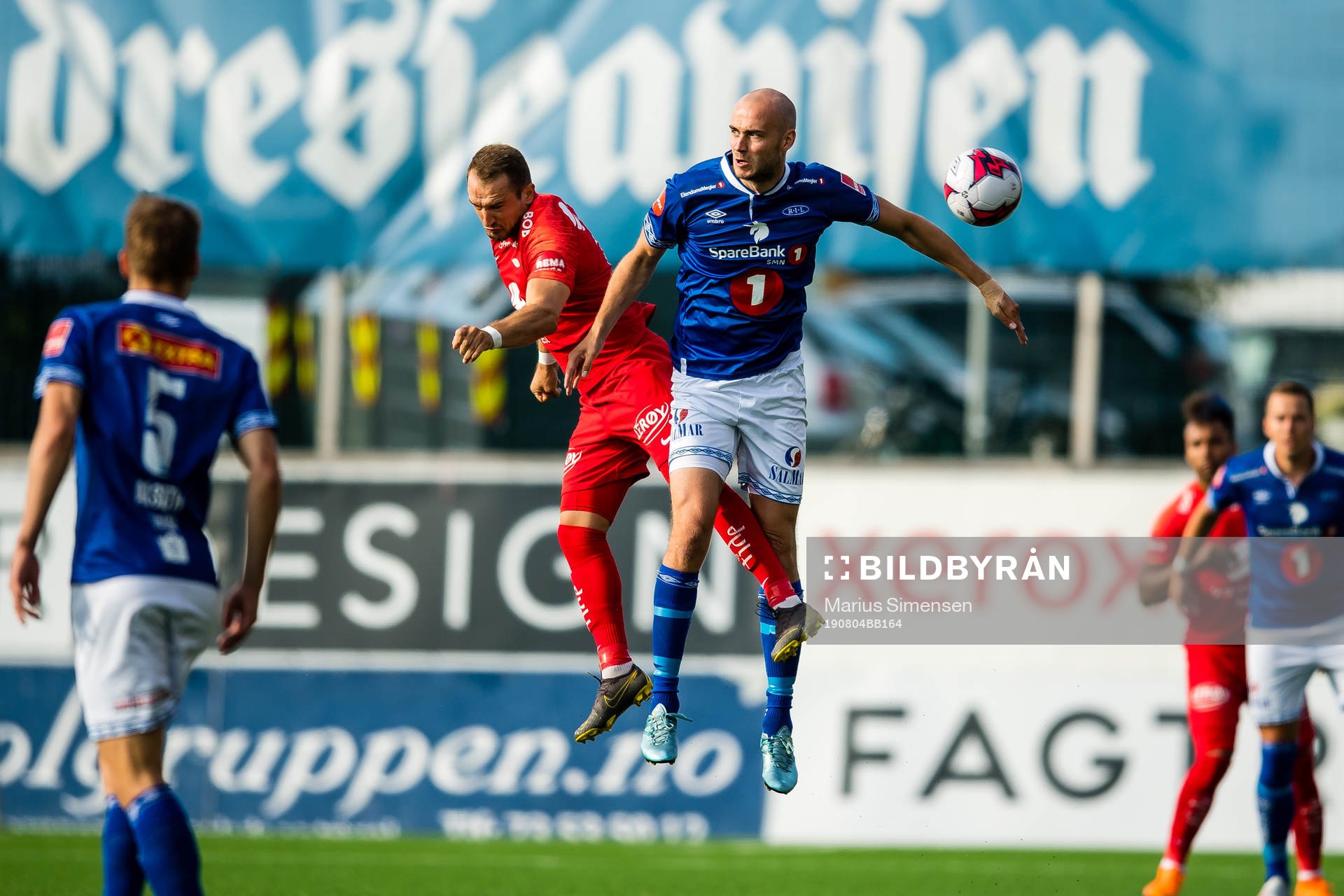 Veton Berisha of Brann and Magnus Blakstad of Ranheim during the Eliteserien match between Ranheim and Brann on August 4, 2019 in Trondheim.