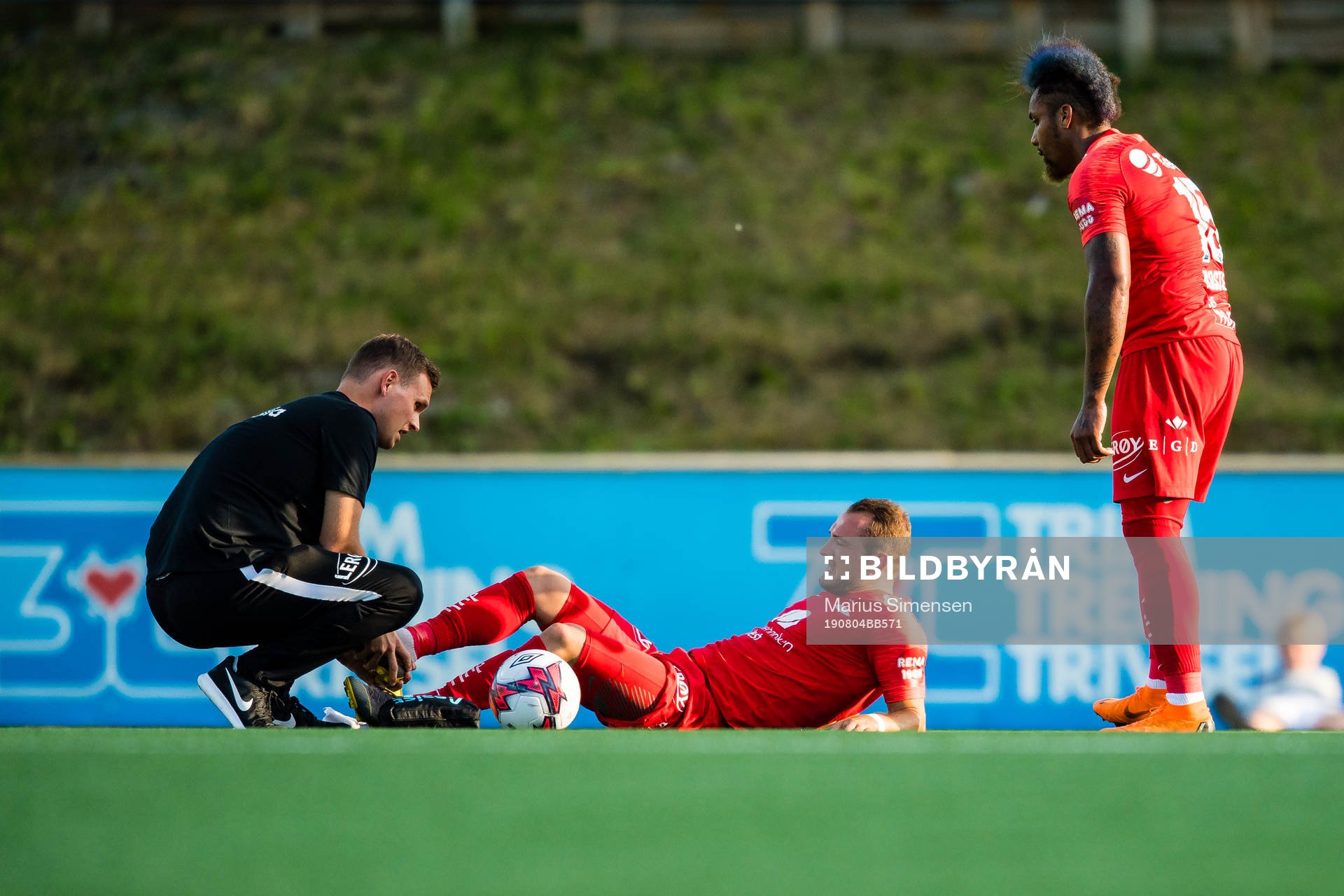 Veton Berisha of Brann in pain during the Eliteserien match between Ranheim and Brann on August 4, 2019 in Trondheim.