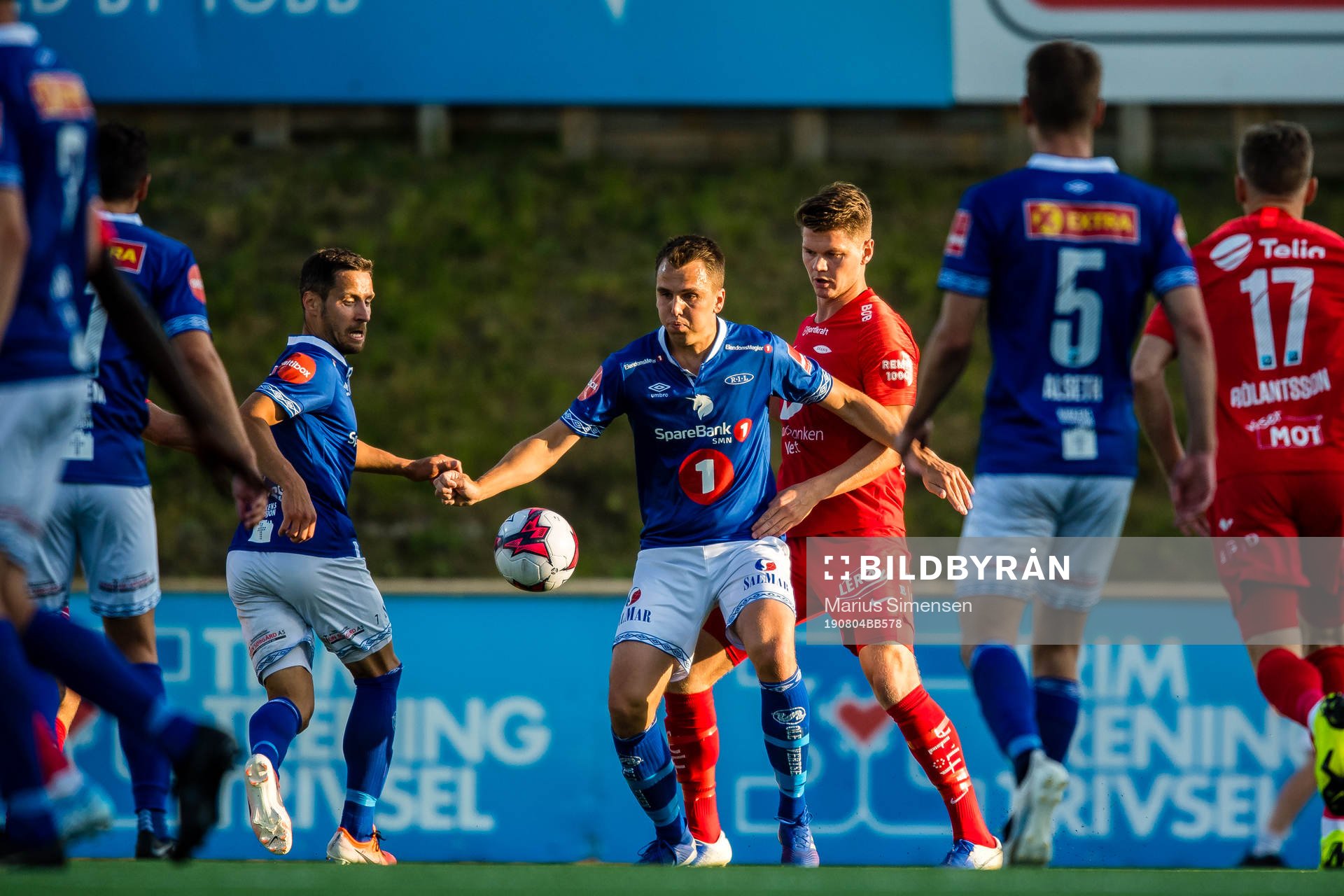 Ivar Sollie Rønning of Ranheim and Christian Eggen Rismark of Brann during the Eliteserien match between Ranheim and Brann on August 4, 2019 in Trondheim.