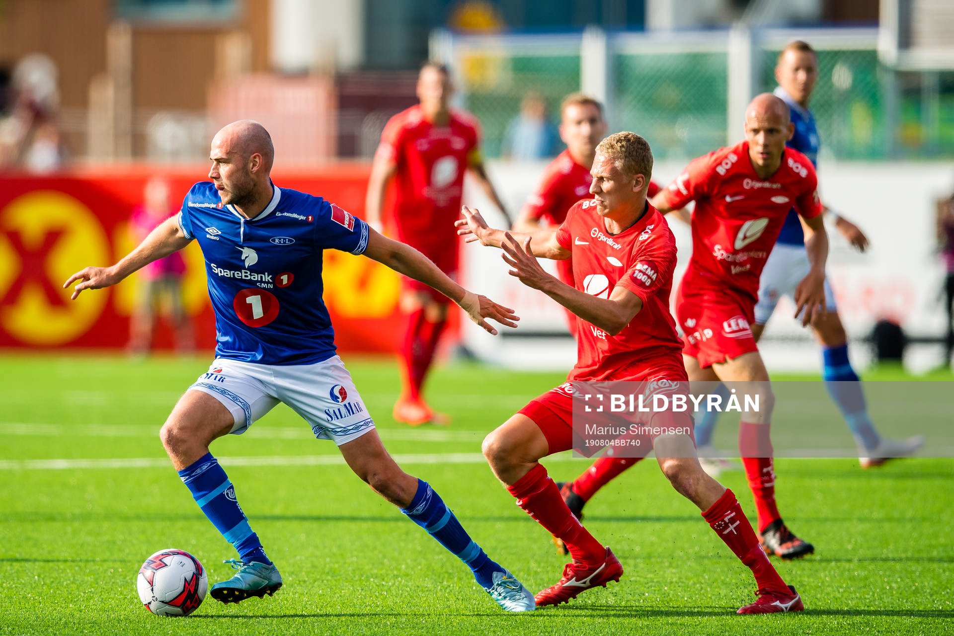 Magnus Blakstad of Ranheim and Kristoffer Ramos Barmen of Brann during the Eliteserien match between Ranheim and Brann on August 4, 2019 in Trondheim.