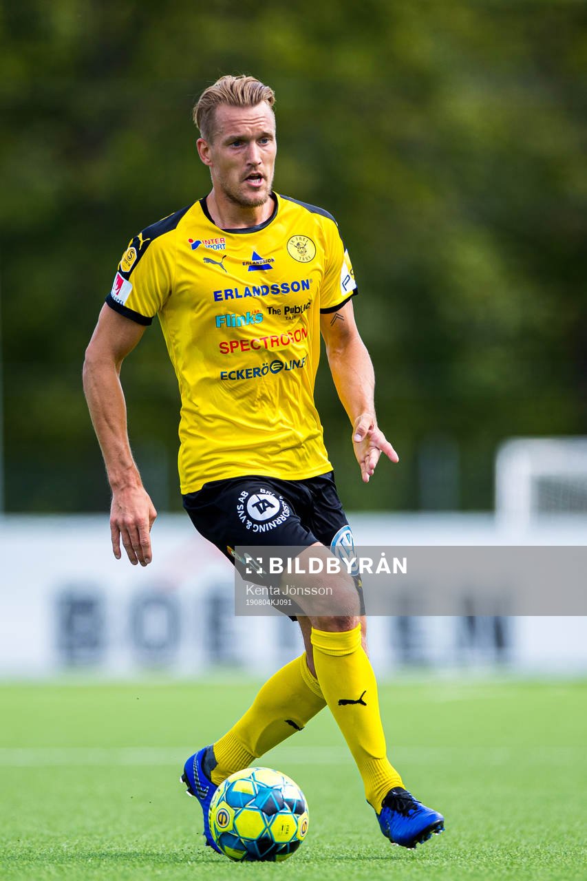 Frejs Kim Skoglund under fotbollsmatchen i Superettan mellan Frej och Västerås den 4 augusti 2019 i Stockholm. 