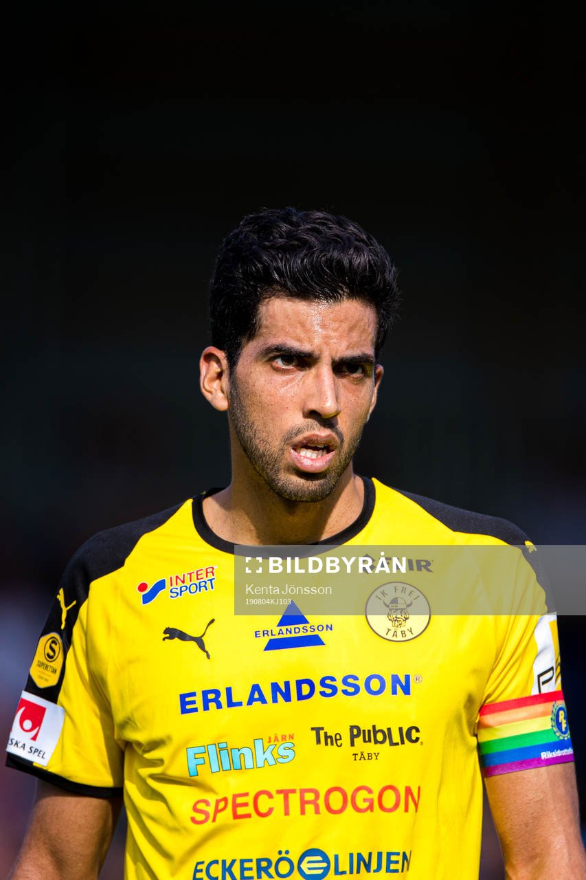 Frejs Pedro Ribeiro under fotbollsmatchen i Superettan mellan Frej och Västerås den 4 augusti 2019 i Stockholm. 