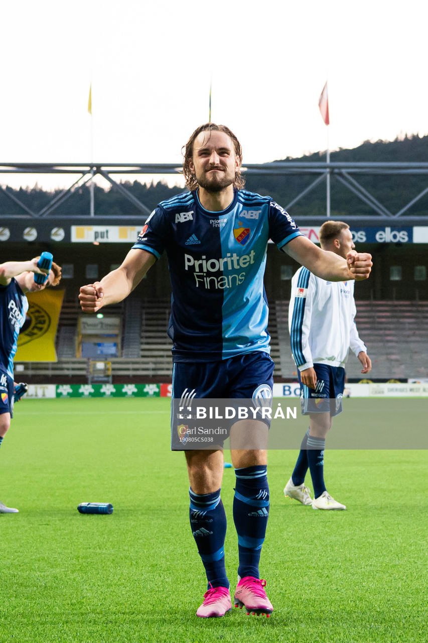 Djurgårdens Kevin Walker jublar efter fotbollsmatchen i Allsvenskan mellan Elfsborg och Djurgården den 5 augusti 2019 i Borås.