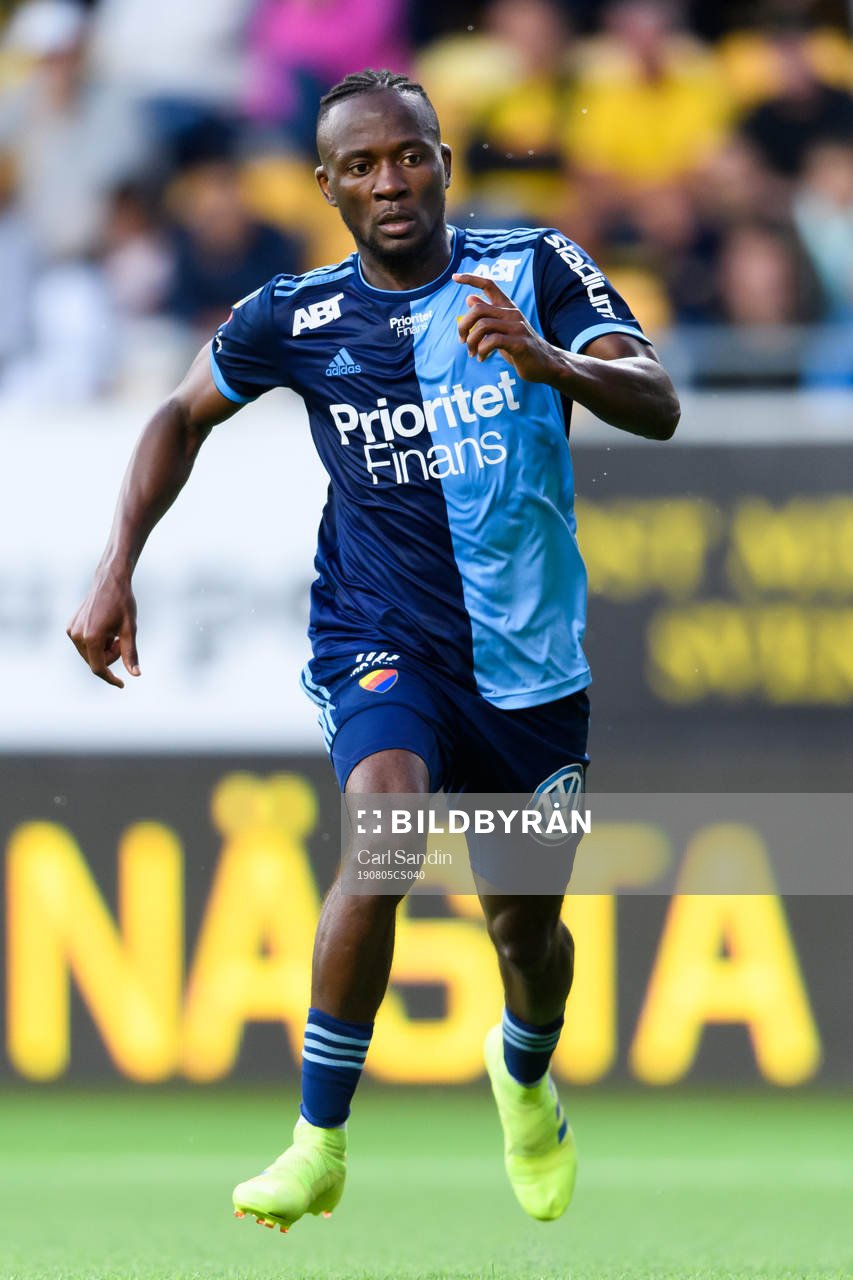 Djurgårdens Mohamed Buya Turay under fotbollsmatchen i Allsvenskan mellan Elfsborg och Djurgården den 5 augusti 2019 i Borås.