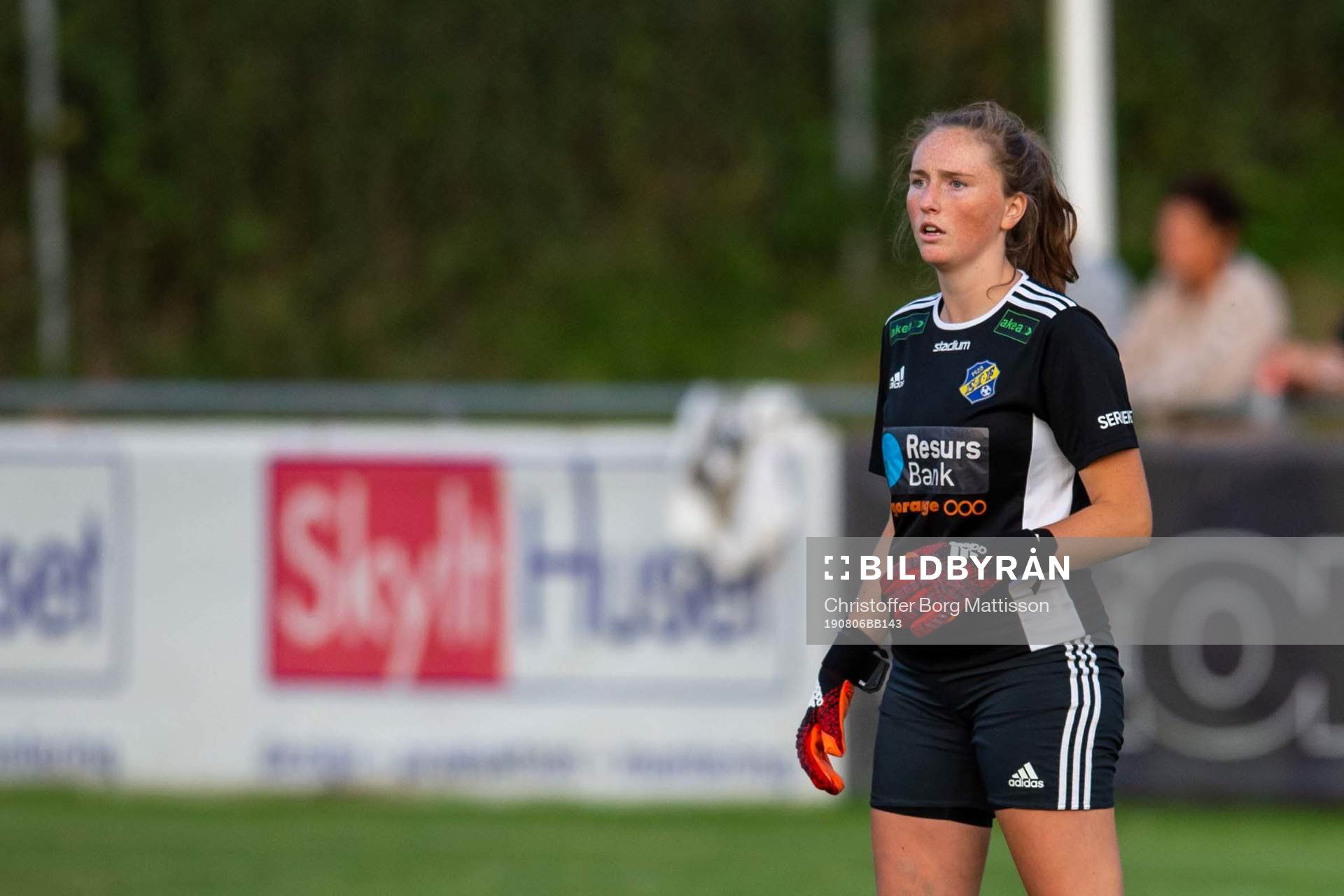 Eskilsminnes målvakt Lina Karlsson under fotbollsmatchen i Division 1 södra Götaland mellan Eskilsminne och Hittarp den 6 augusti 2019 i Helsingborg.