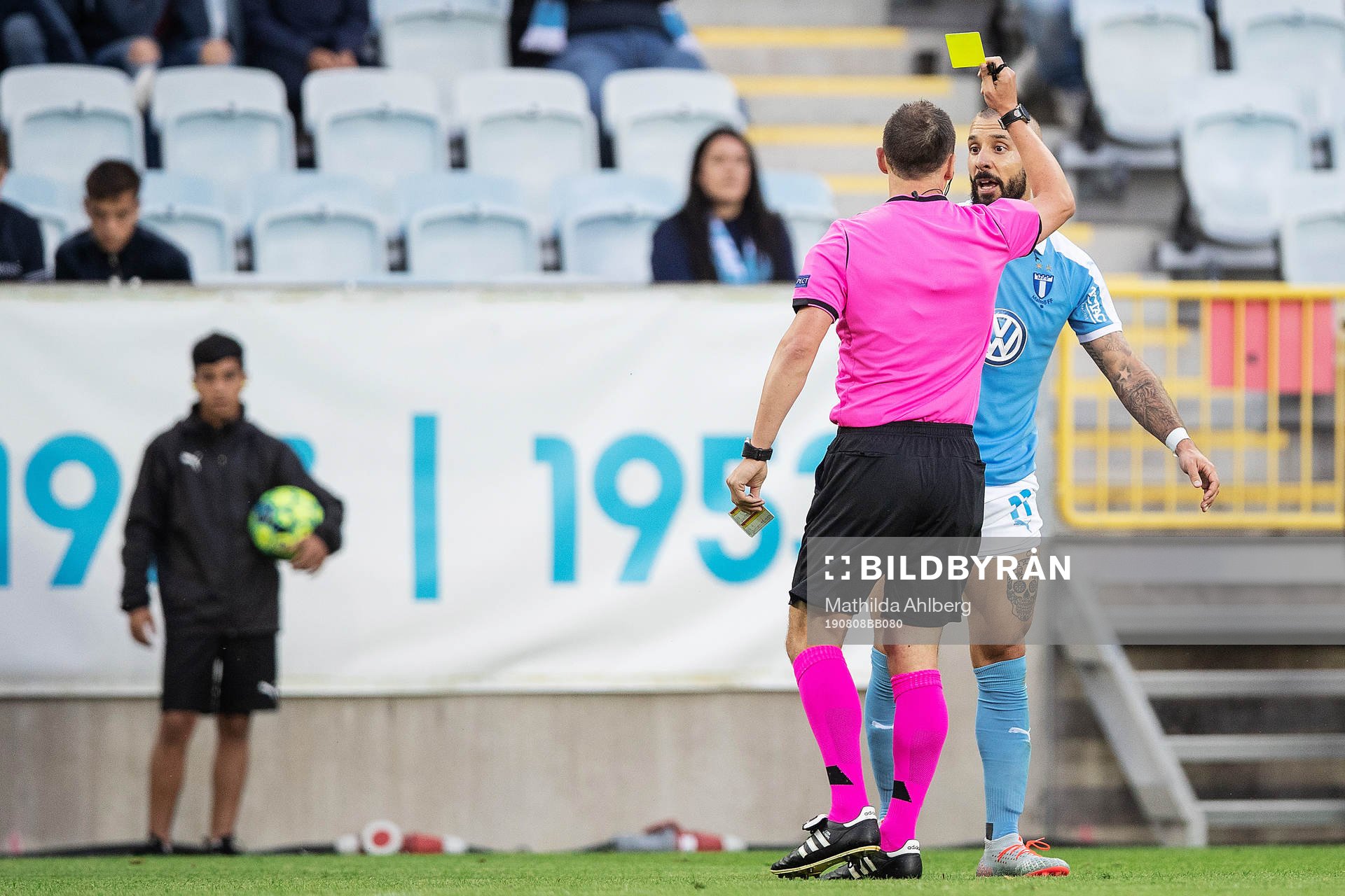 Guillermo Molins of Malmö FF is shown a yellow card by
