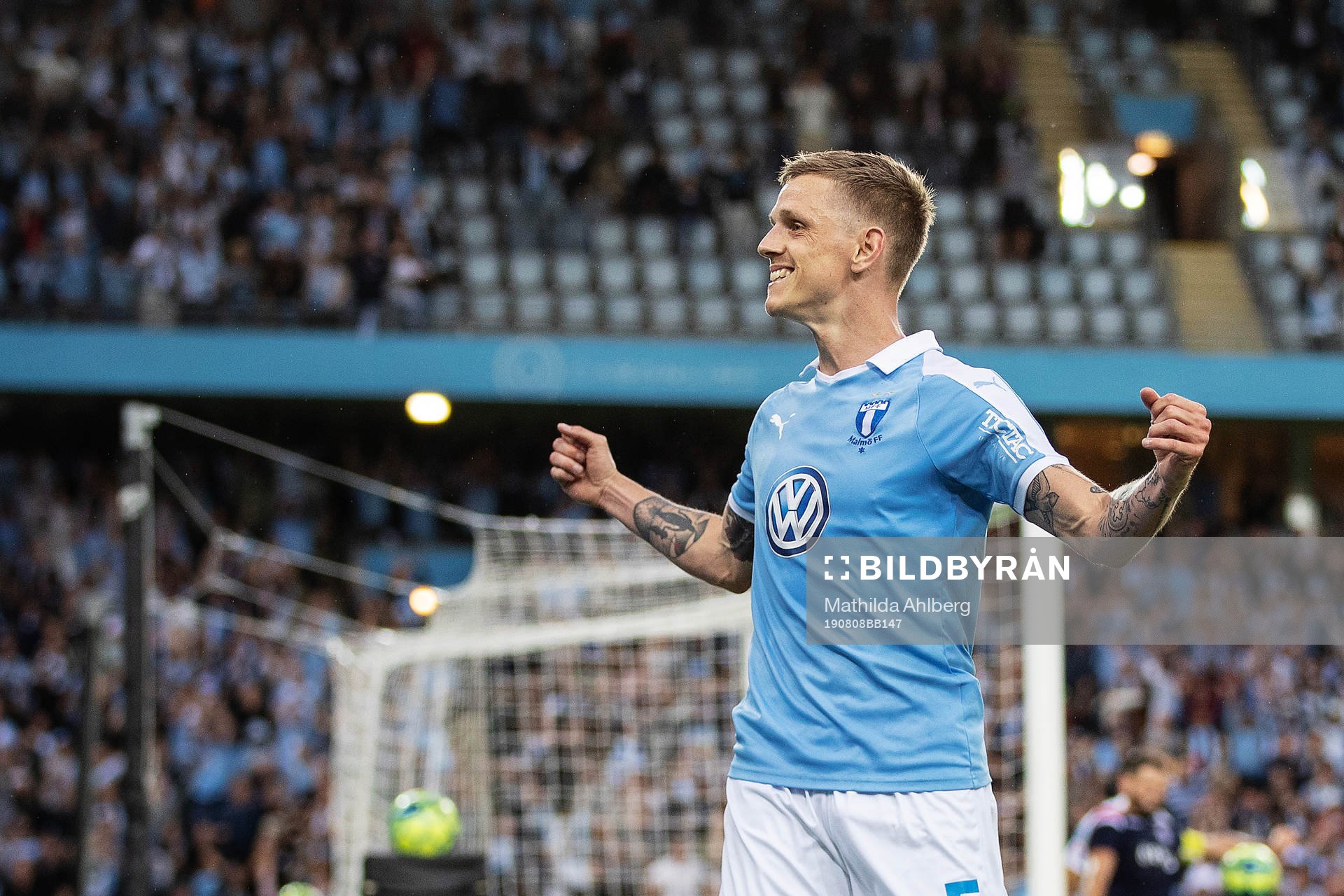 Sören Rieks of Malmö FF celebrates after scoring 3-0 during the Europa League qualifying match between Malmö FF and Zrinjski on August 8, 2019 in Malmö.