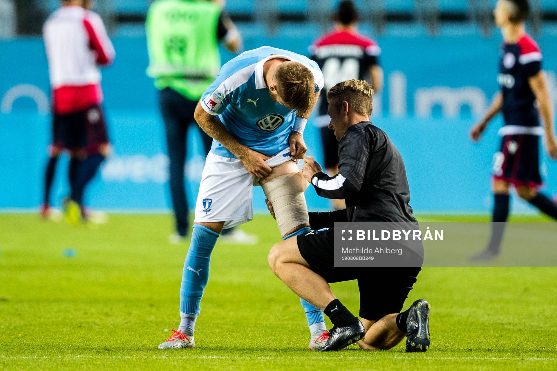 Rasmus Bengtsson of Malmö FF gets his leg checked
