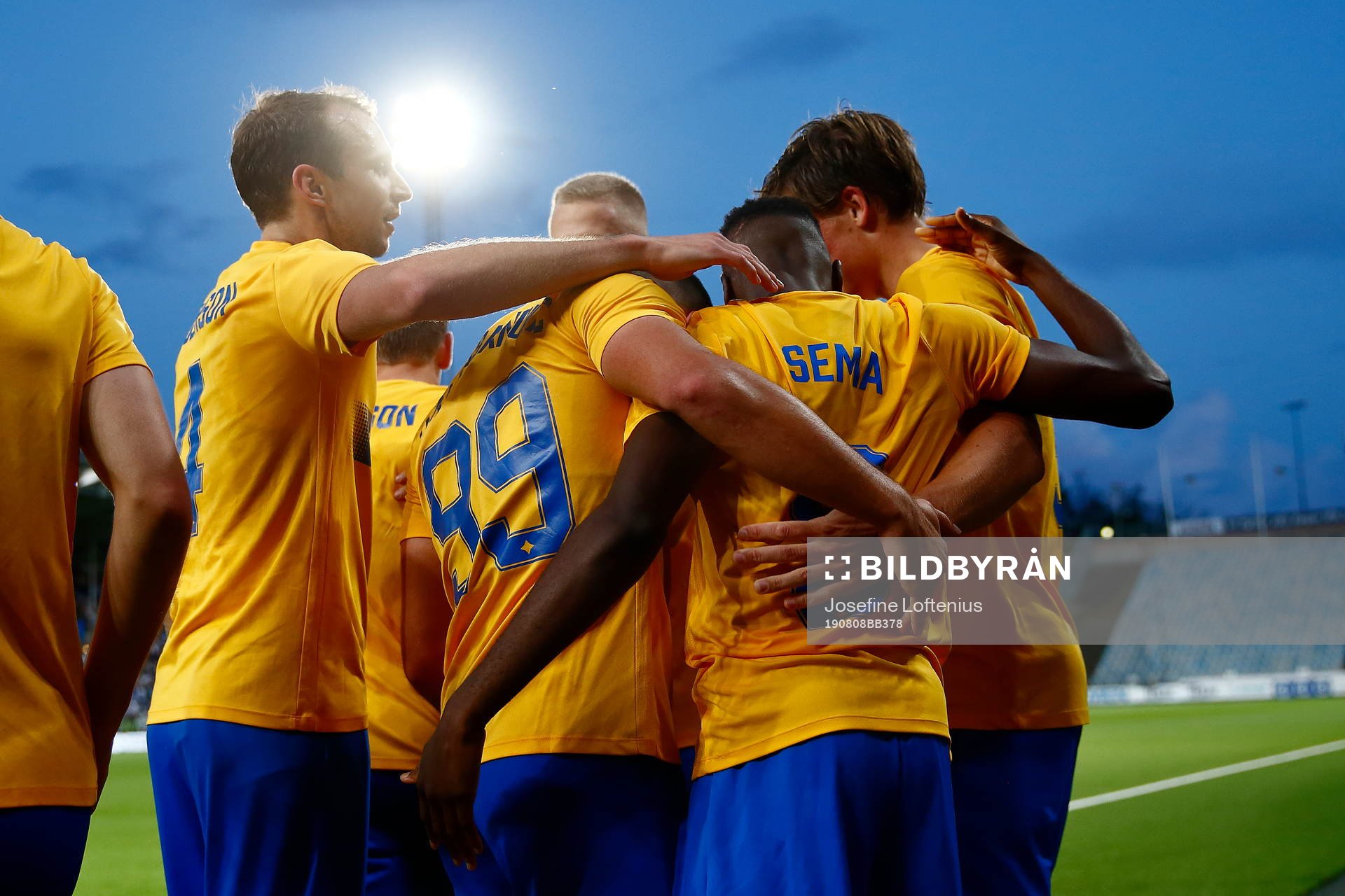 Players of IFK Norrköping celebrate with Maic Sema