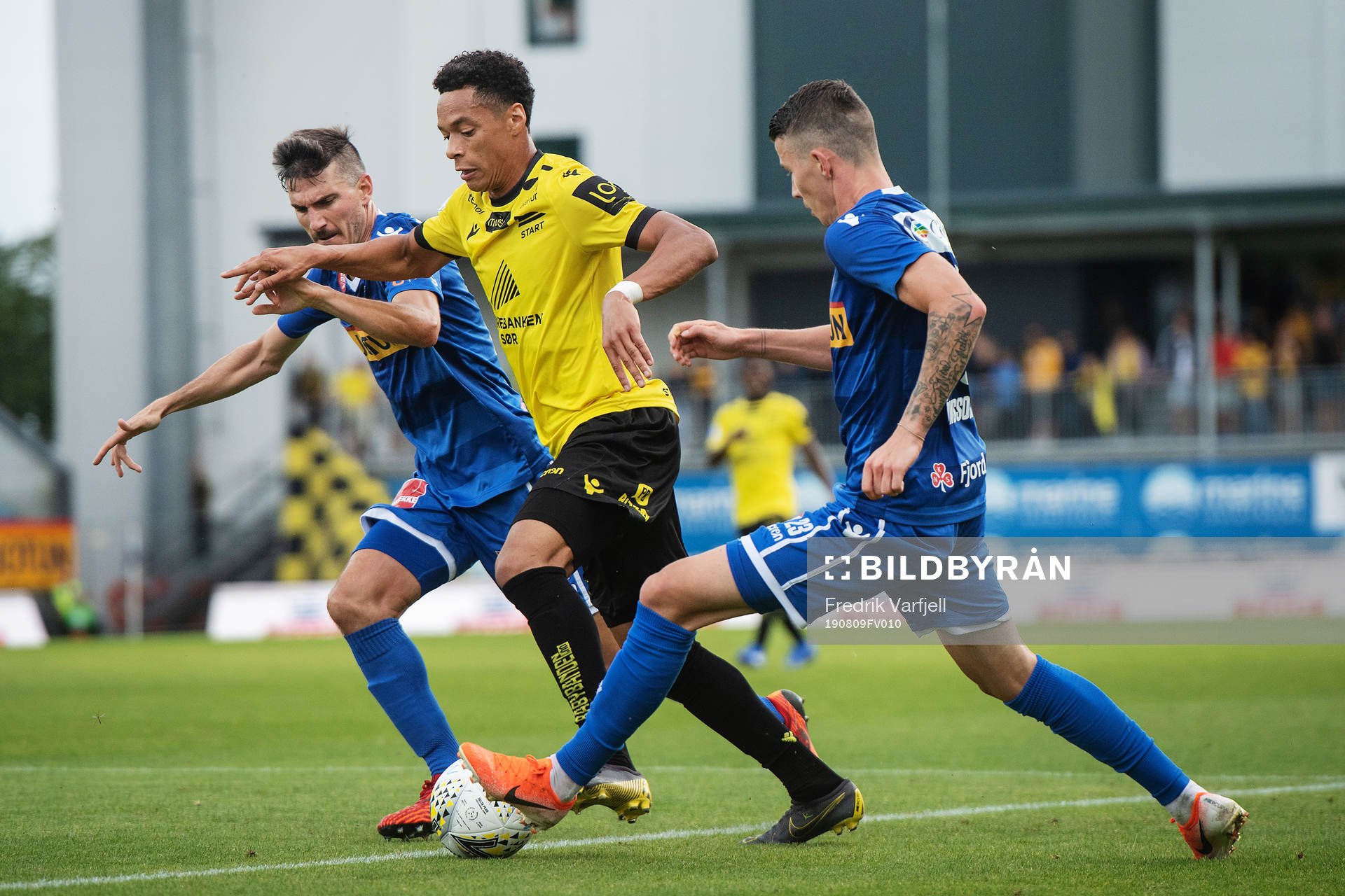 Alberto Ortiz Tito Moreno and Vidar Ari Jónsson of Sandefjord against Kevin Kabran of Start during the OBOS-ligaen match between Sandefjord and Start on August 9, 2019 in Sandefjord.