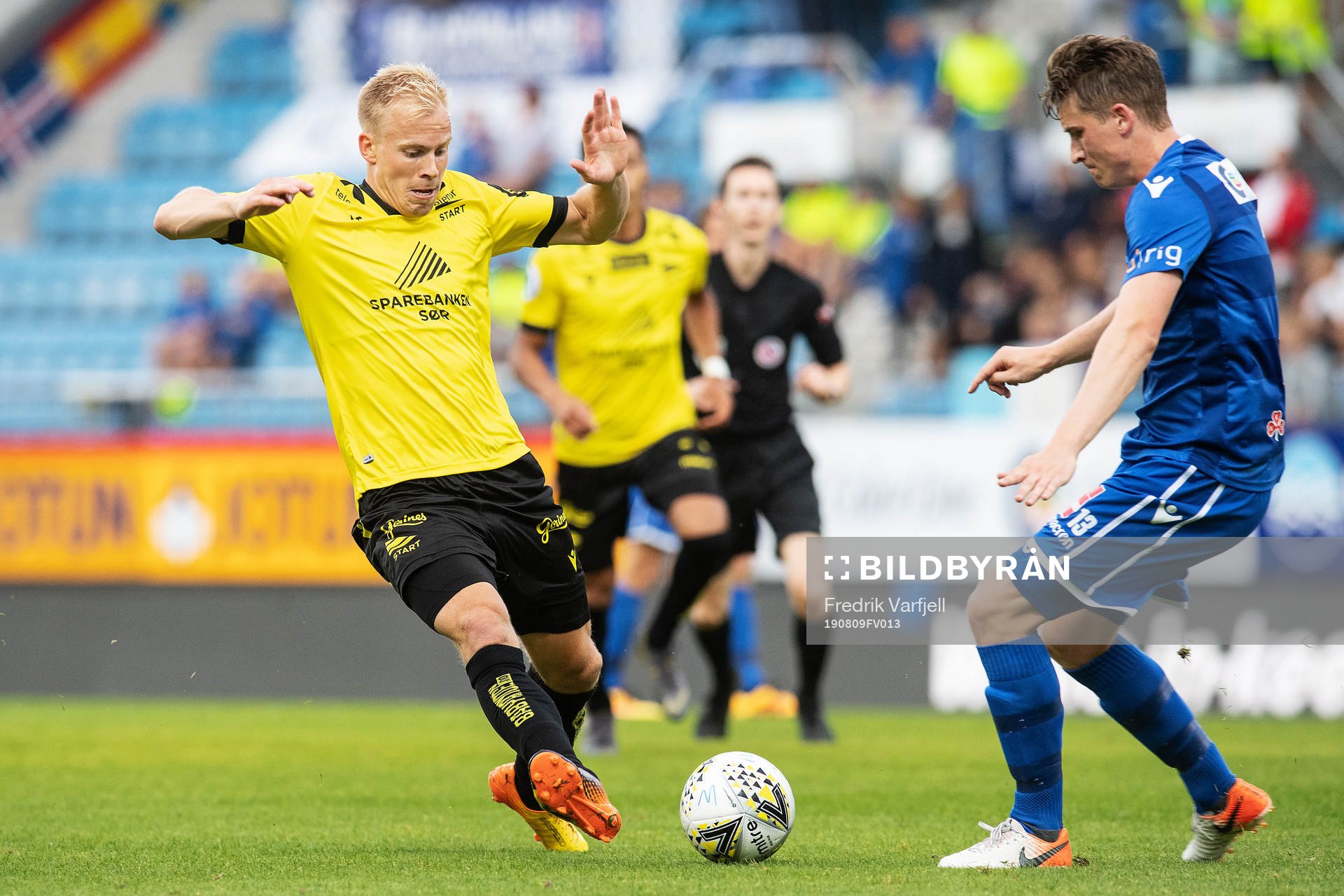 Martin Ramsland of Start and Marius Høibråten +sa during the OBOS-ligaen match between Sandefjord and Start on August 9, 2019 in Sandefjord. 