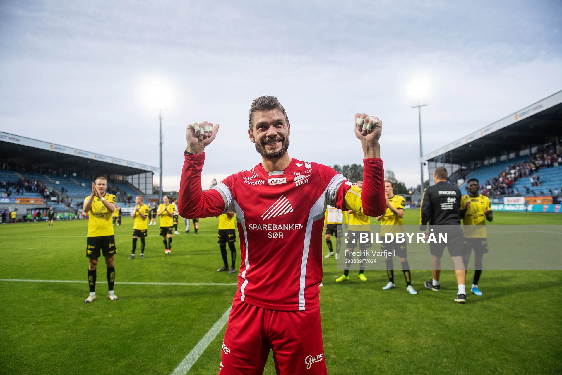 Goalkeeper Jonas Deumeland of Start celebrates