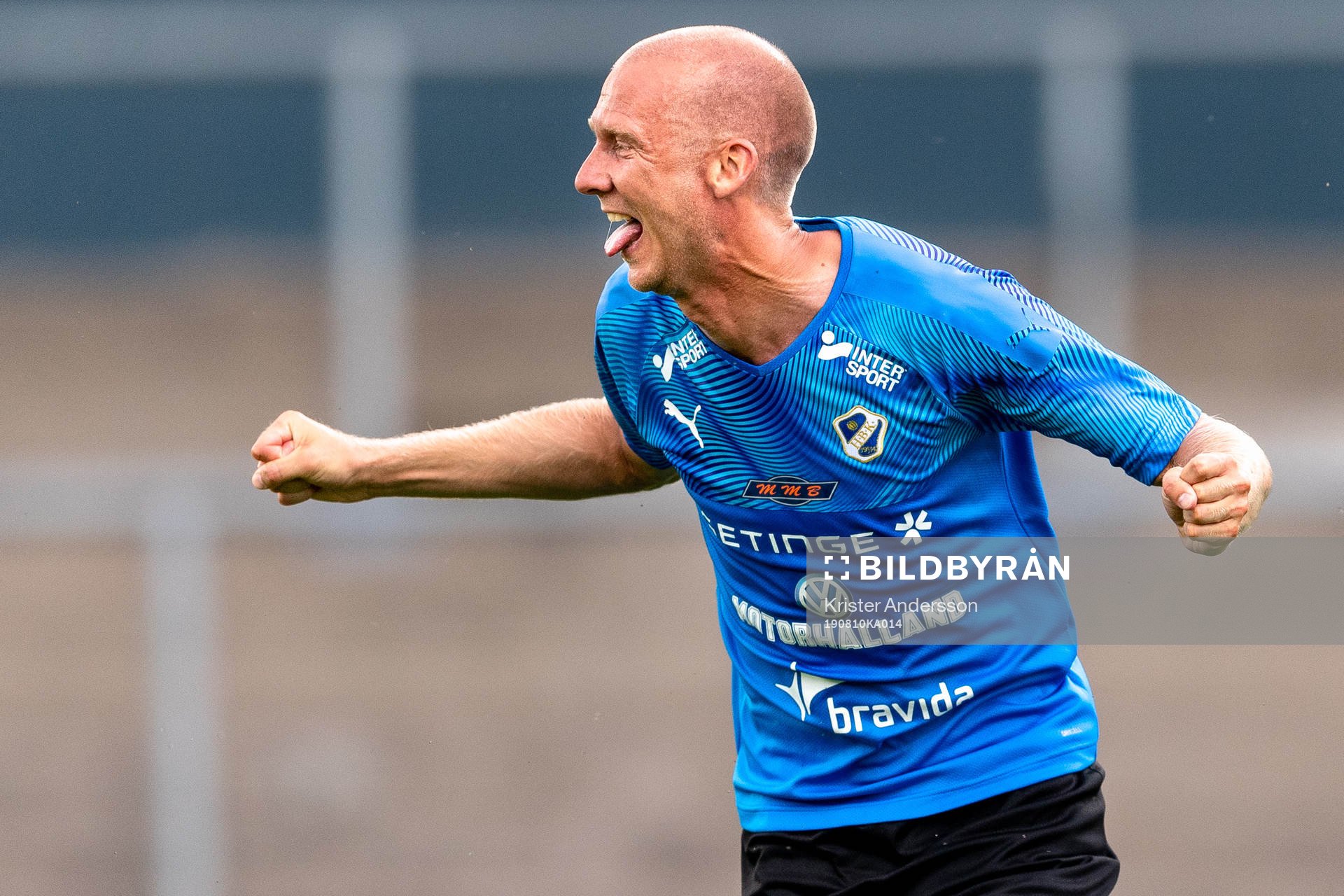 Halmstads Andreas Johansson jublar efter 2-0 under fotbollsmatchen i Superettan mellan Halmstad och Dalkurd den 10 augusti 2019 i Halmstad.