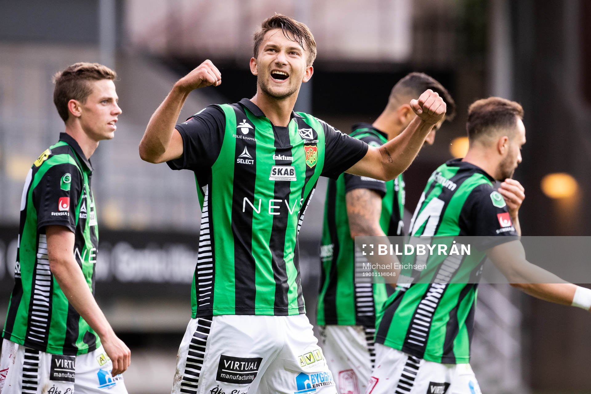 GAIS Måns Saebbö jublar efter 1-0 under fotbollsmatchen i Superettan mellan GAIS och Mjällby den 11 augusti 2019 i Göteborg.