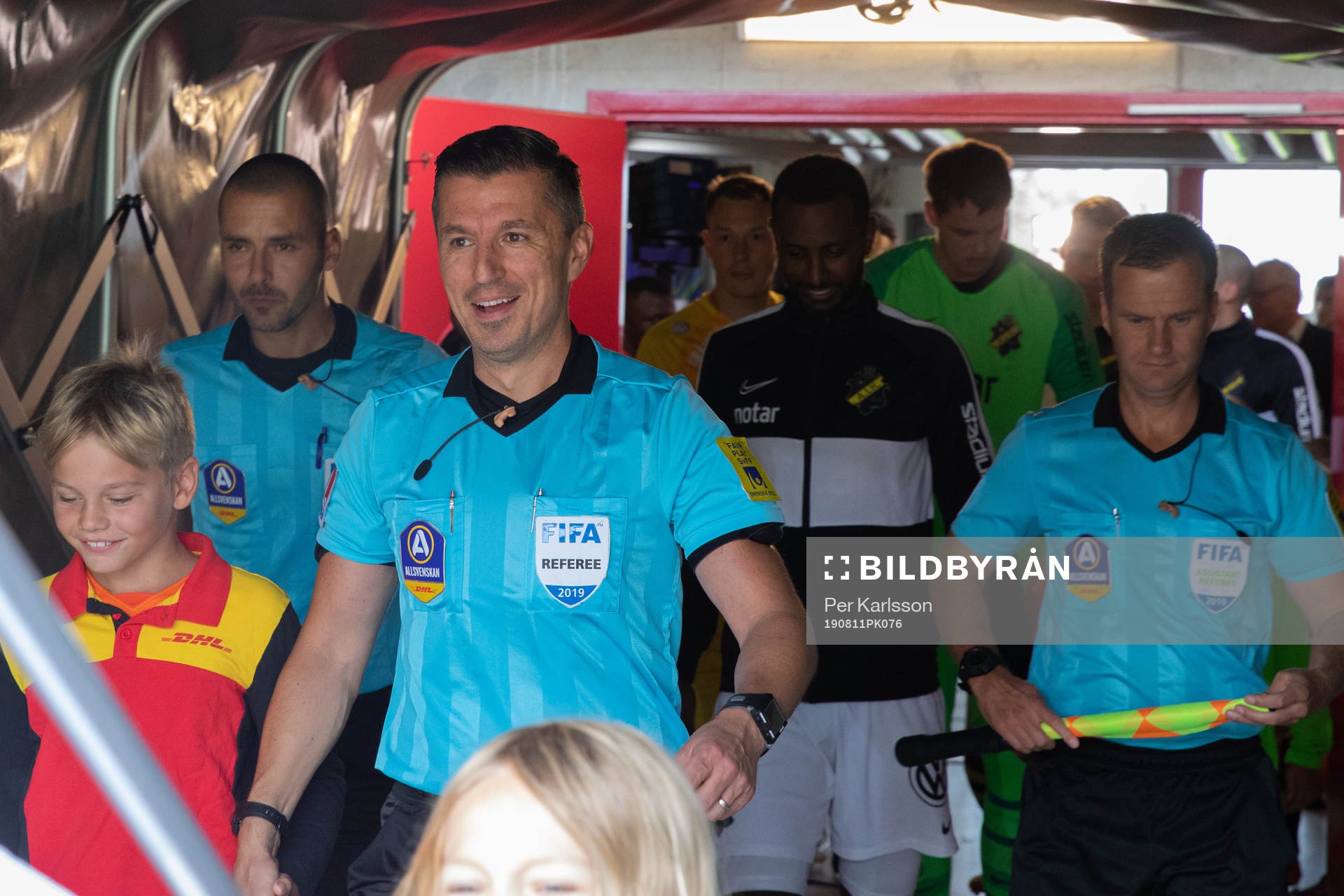 Domare Bojan Pandzic med assisterande Joakim Amri Nilsson och assisterande Daniel Gustavsson inför fotbollsmatchen i Allsvenskan mellan AFC Eskilstuna och AIK den 11 augusti i Eskilstuna.