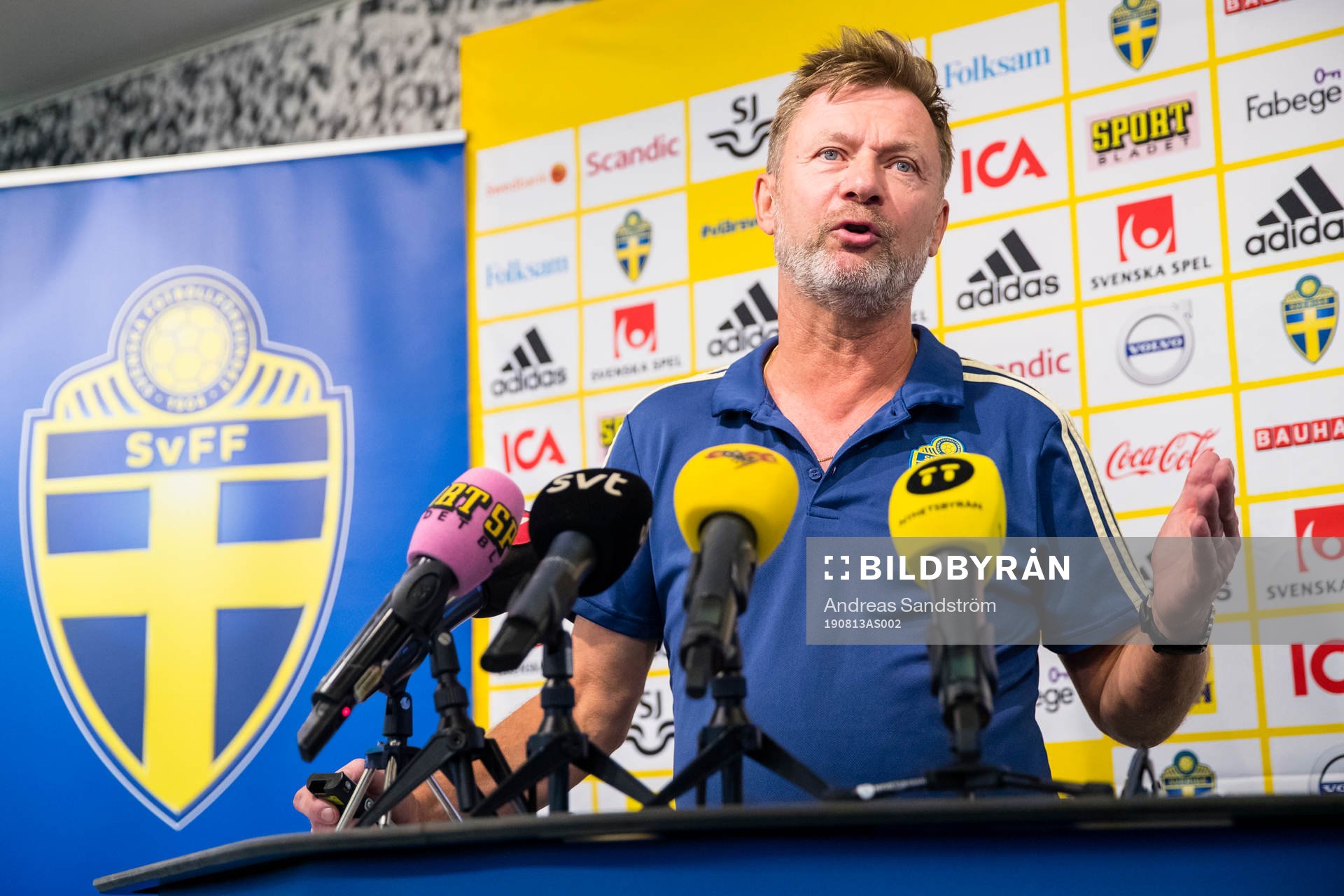 Peter Gerhardsson, förbundskapten för damlandslaget under en presskonferens anordnad av Svenska Fotbollförbundet den 13 augusti 2019 i Stockholm. 