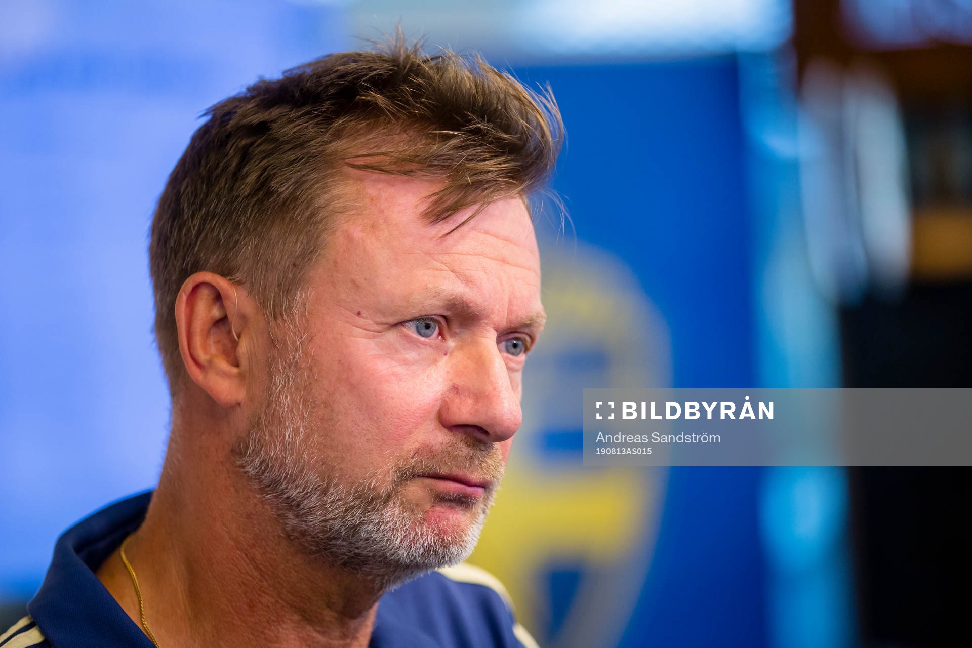 Peter Gerhardsson, förbundskapten för damlandslaget under en presskonferens anordnad av Svenska Fotbollförbundet den 13 augusti 2019 i Stockholm.