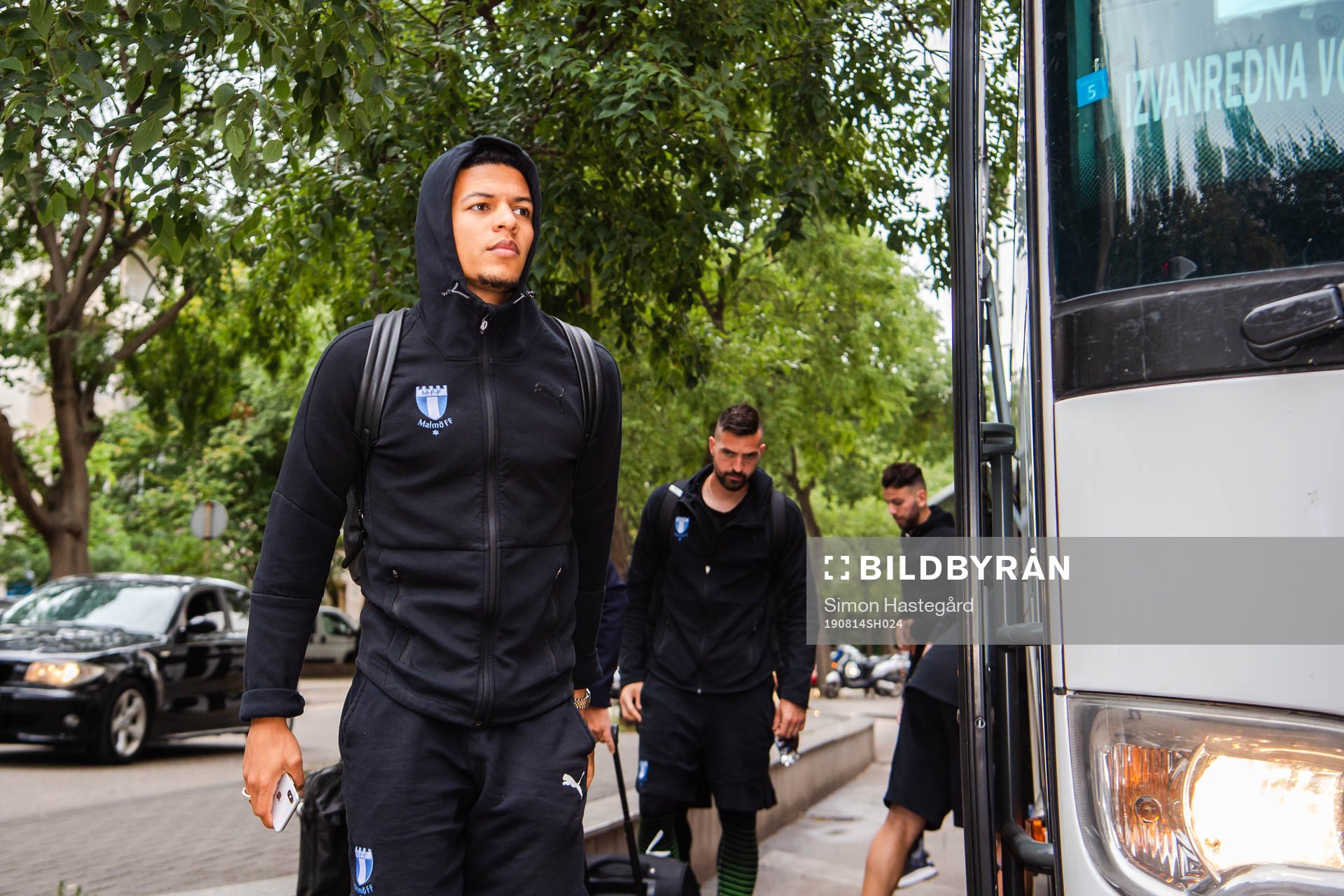 Romain Gall of Malmö FF arrives at the team hotel head of
