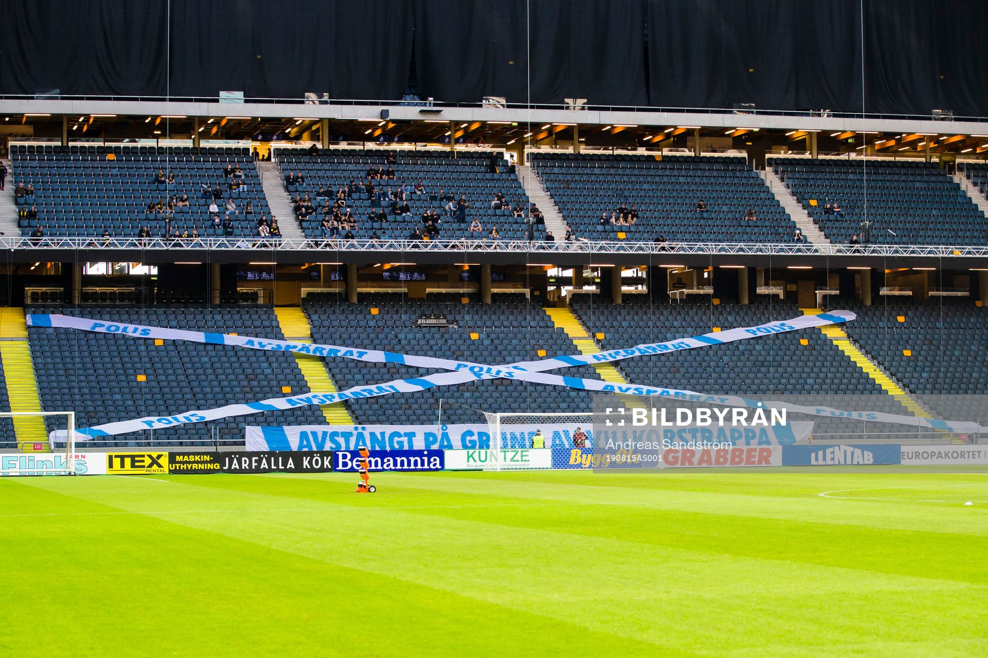 AIK supporters protest against the police with banners on the stands ahead of the UEFA Europa League qualifying match between AIK and FC Sheriff Tiraspol on August 15, 2019 in Stockholm.