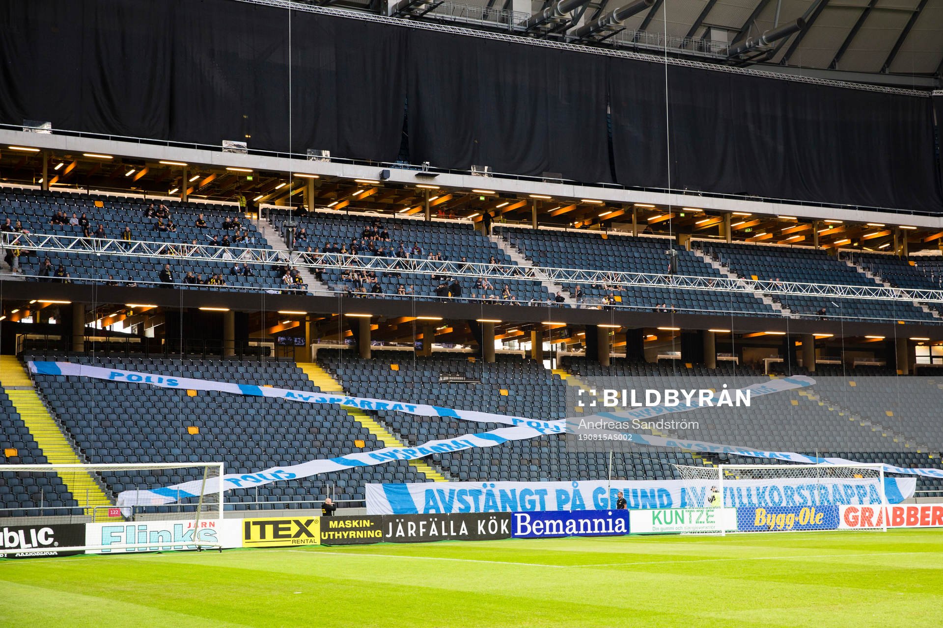 AIK supporters protest against the police with banners on the stands ahead of the UEFA Europa League qualifying match between AIK and FC Sheriff Tiraspol on August 15, 2019 in Stockholm.