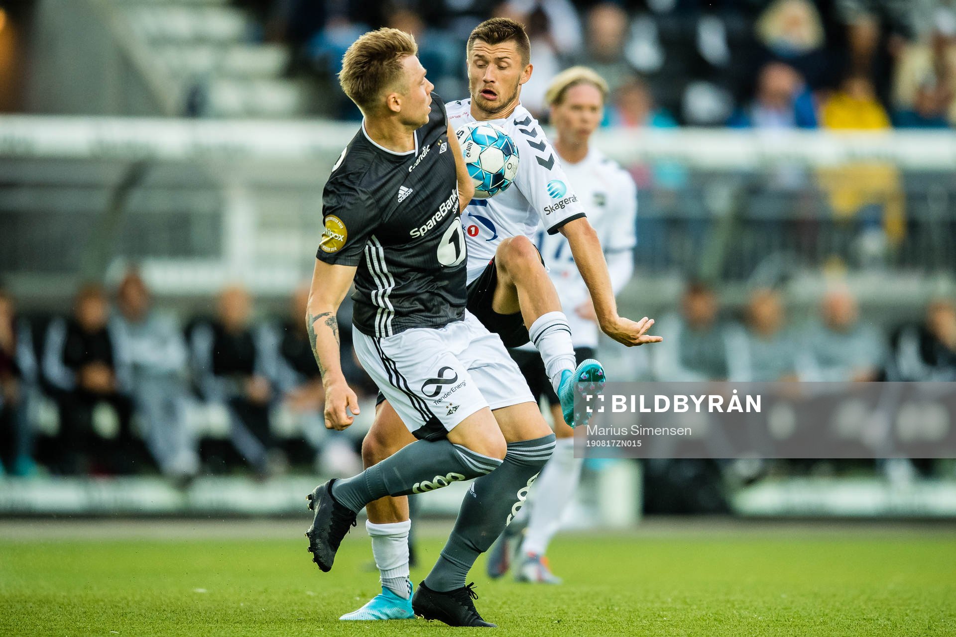 Alexander Toft Søderlund of Rosenborg and Vebjørn Alvestad Hoff of Odd during the Eliteserien match between Odd and Rosenborg on August 17, 2019 in Skien.