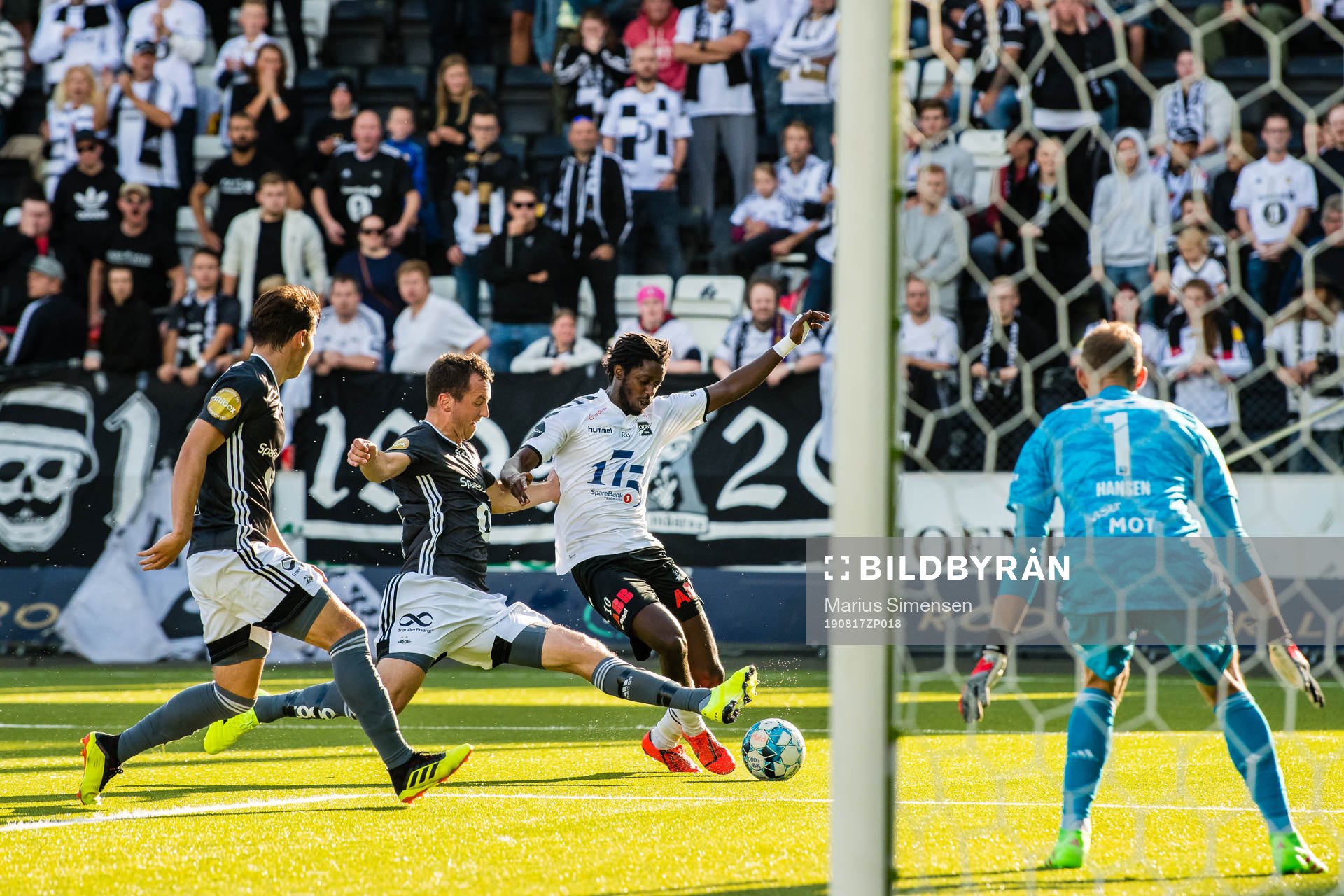 Even Hovland of Rosenborg and Moussa Jailani Gaucho Njie of Odd during the Eliteserien match between Odd and Rosenborg on August 17, 2019 in Skien.