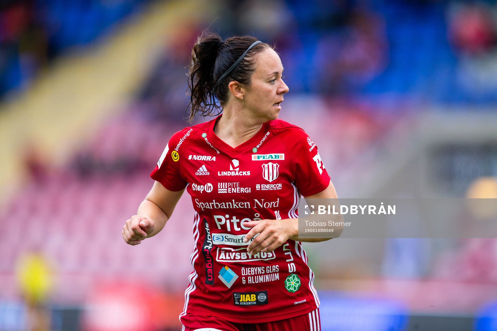 Piteås June Pedersen under fotbollsmatchen i Damallsvenskan mellan Eskilstuna och Piteå den 18 augusti 2019 i Eskilstuna.