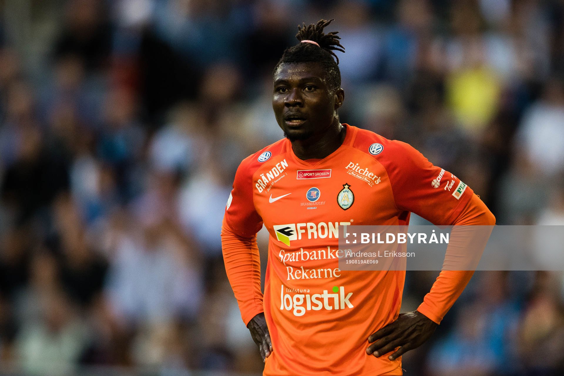 AFC Eskilstunas Onyedikachukwu Samuel Nnamani under fotbollsmatchen i Allsvenskan mellan Djurgården och AFC Eskilstuna den 19 augusti 2019 i Stockholm.