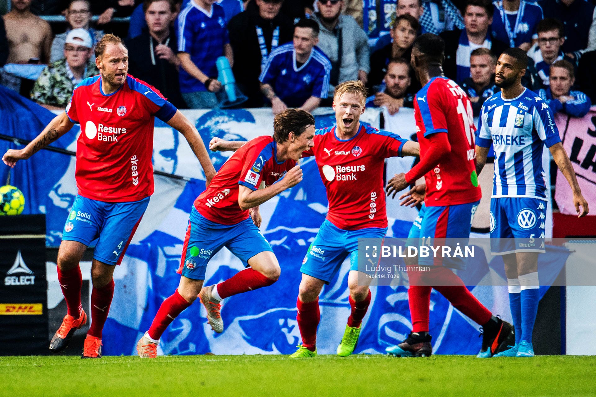 Helsingborgs Andreas Granqvist, Max Svensson, Andreas Landgren och Mohammed Abubakari jublar efter 1-0 under fotbollsmatchen i Allsvenskan mellan Helsingborg och IFK Göteborg den 19 augusti 2019 i Helsingborg.