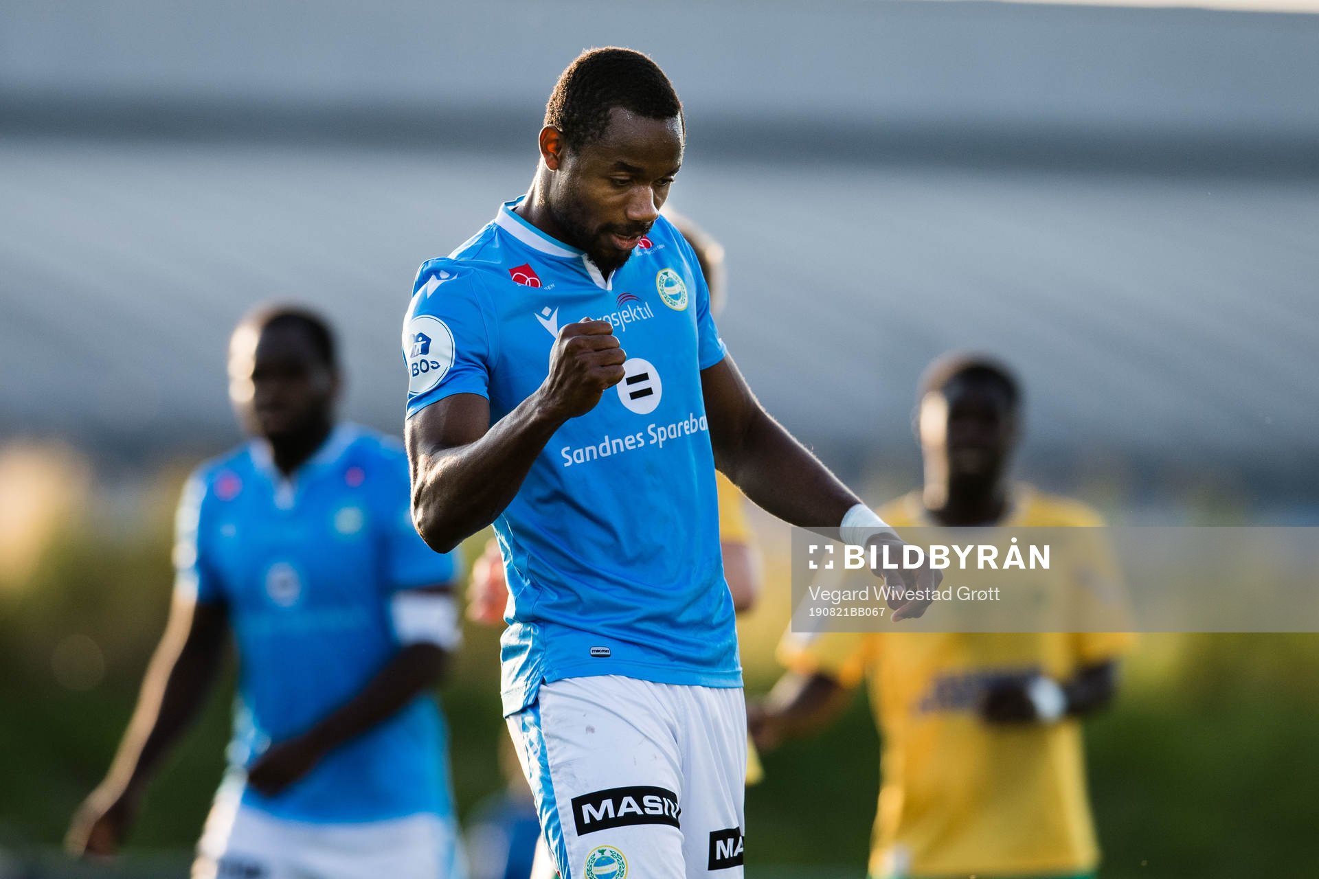 Kachi of Sandnes Ulf celebrates after scoring 2-1 during the OBOS-ligaen football match between Ull/Kisa and Sandnes Ulf on August 21, 2019 in Jessheim.