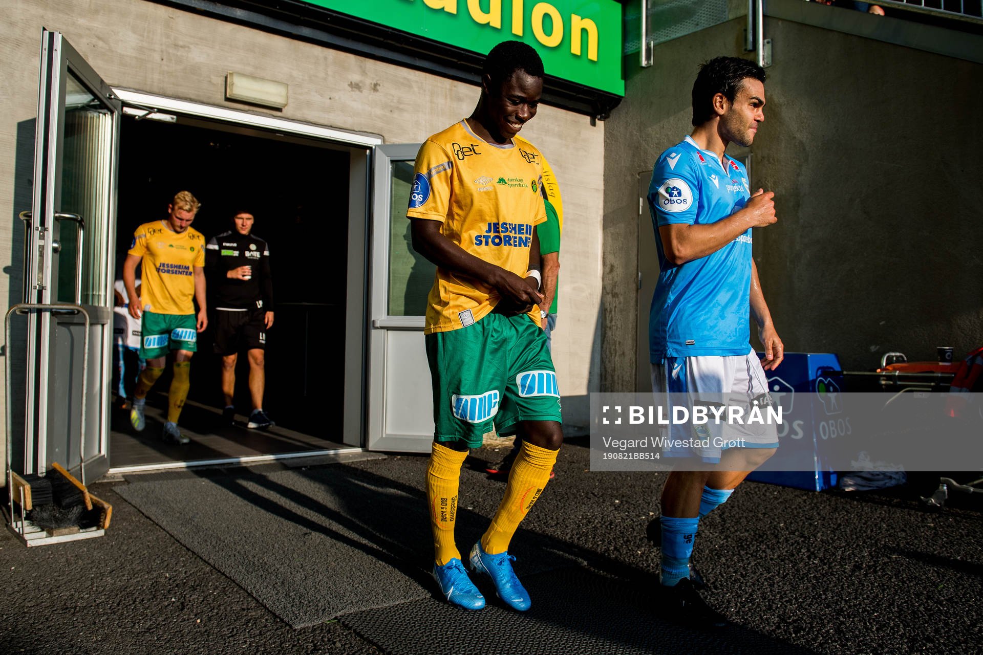 Eric Kitolano of Ull/Kisa and Simón Colina of Sandnes Ulf at half time during the OBOS-ligaen football match between Ull/Kisa and Sandnes Ulf on August 21, 2019 in Jessheim.