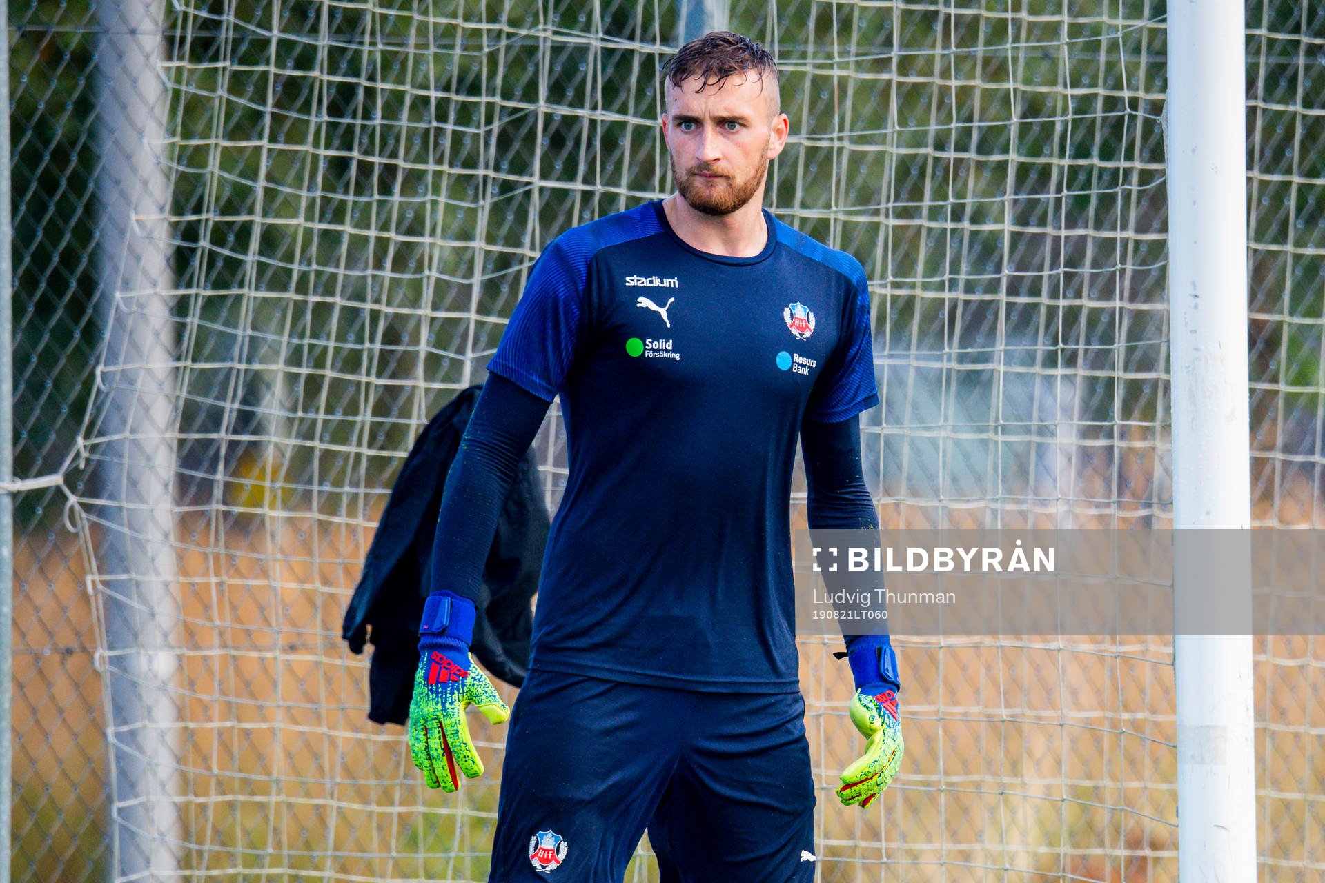 Målvakt Alexander Nilsson under en fotbollsträning med Helsingborg den 21 augusti 2019 i Helsingborg.