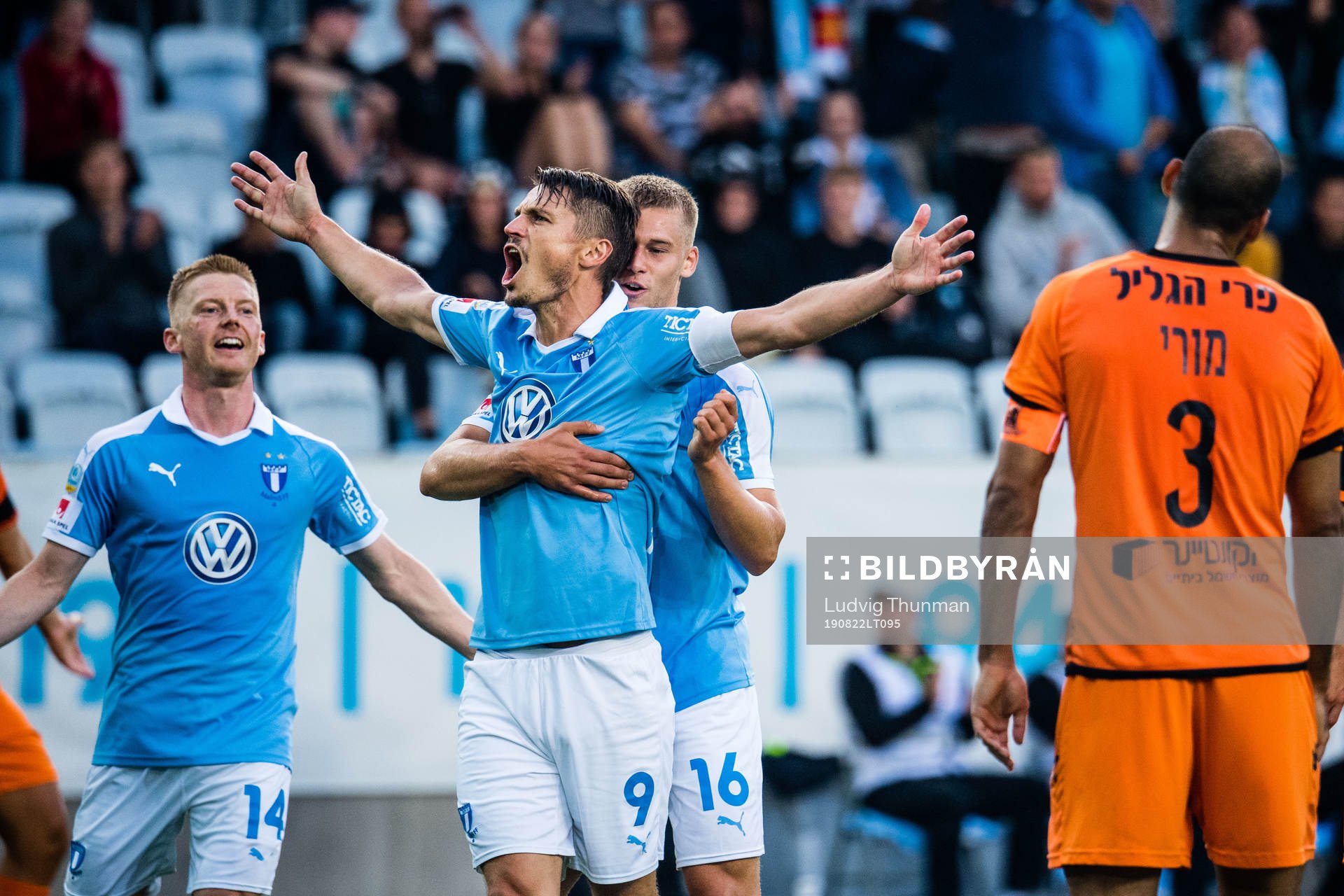 Anders Christiansen, Felix Beijmo and Markus Rosenberg of Malmö FF celebrates after 1-0 during the Europa League qualifying match between Malmö FF and Bnei Yehuda Tel-Aviv on August 22, 2019 in Malmö.