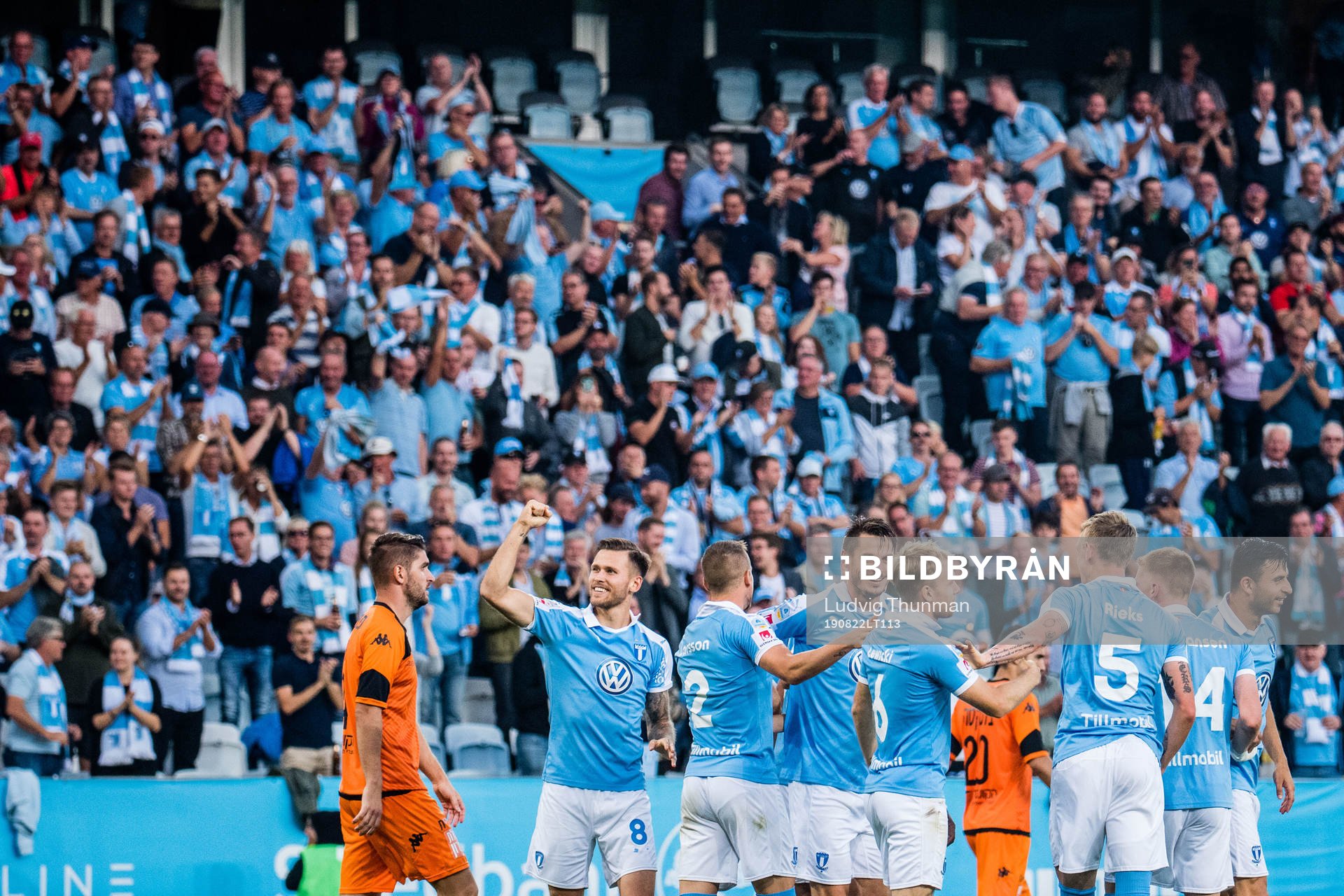 Players of Malmö FF celebrates after 3-0 by Oscar Lewicki during the Europa League qualifying match between Malmö FF and Bnei Yehuda Tel-Aviv on August 22, 2019 in Malmö.