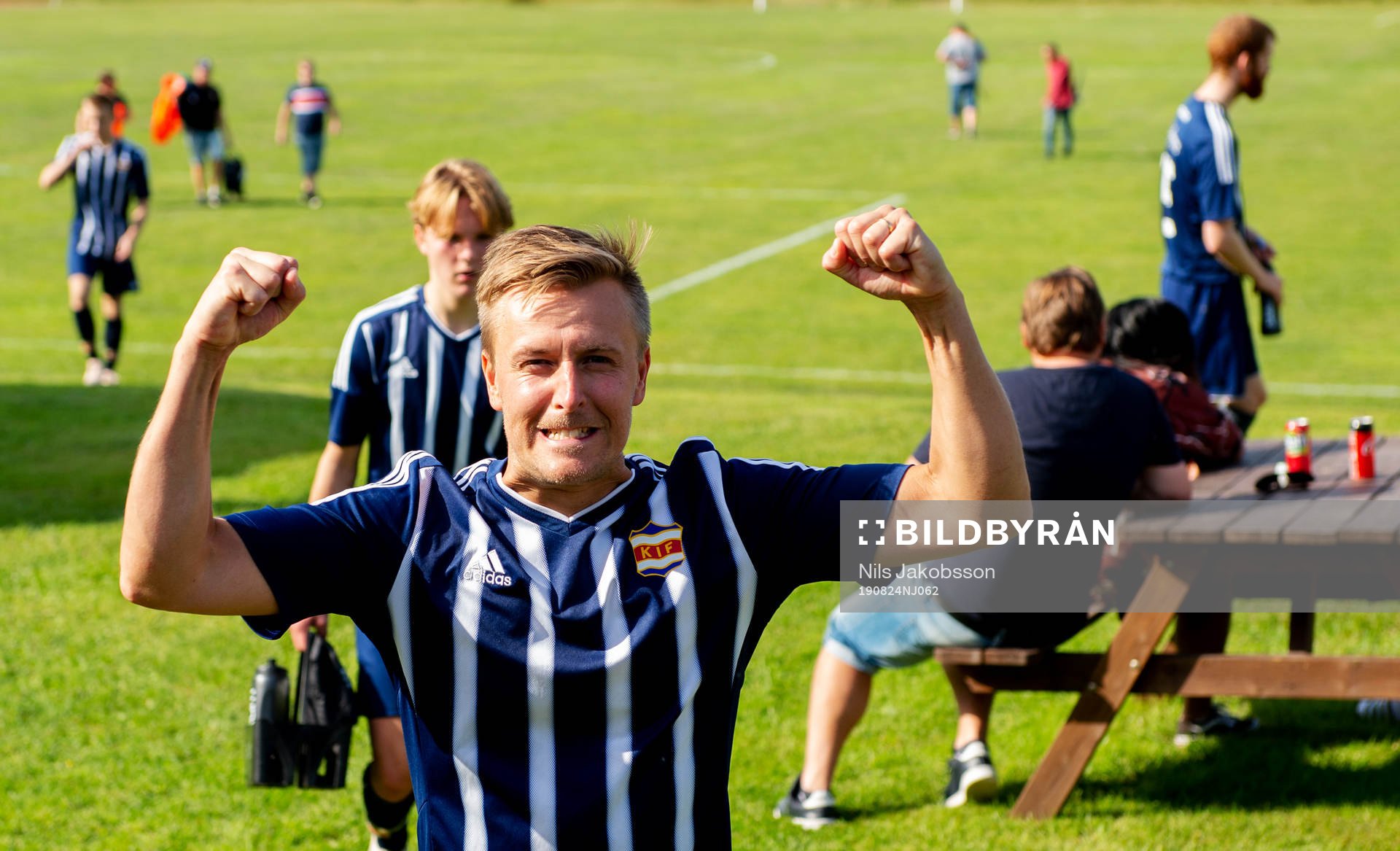 Fredrik Olsson, Kovland, jublar efter fotbollsmatchen i Div 5 mellan Indal och Kovland den 24 augusti 2019 i Indal.