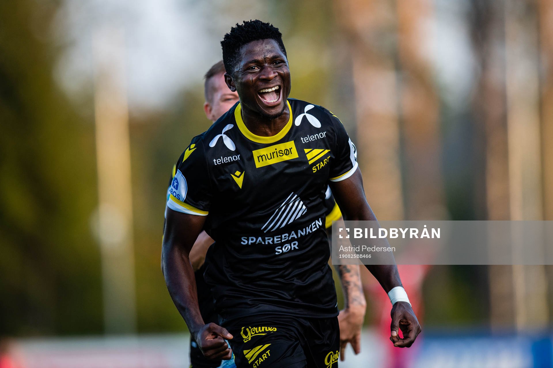 Afeez Aremu of Start celebrates after 1-2 during the OBOS-ligaen football match between Raufoss and Start on August 25, 2019 in Raufoss.
