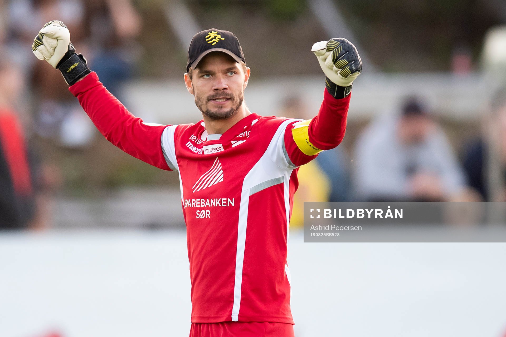 Goalkeeper Jonas Deumeland of Start celebrates