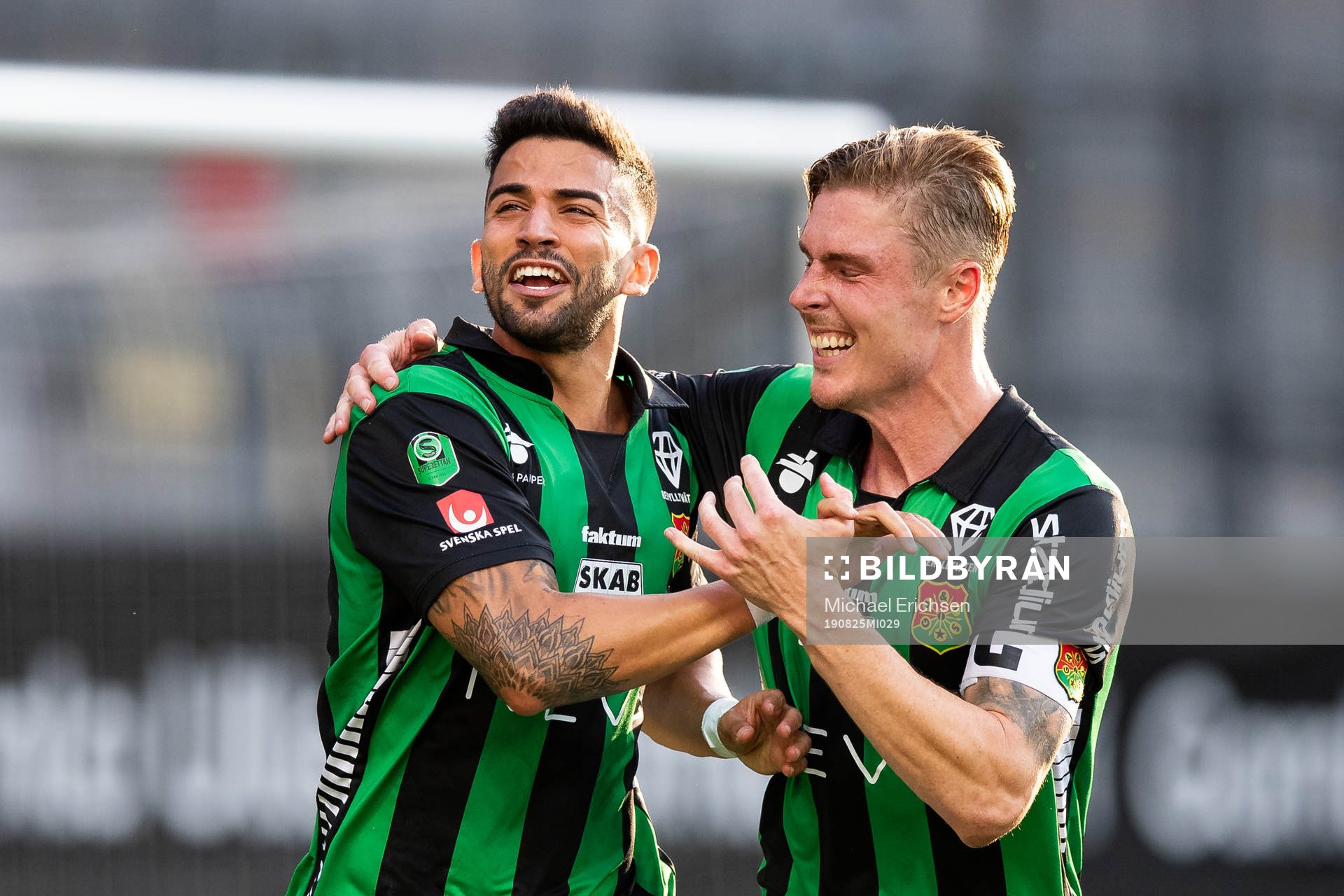 GAIS Paulo Marcelo jublar med Marcus Bergholtz efter 2-0 under fotbollsmatchen i Superettan mellan GAIS och Brommapojkarna den 25 augusti 2019 i Göteborg.