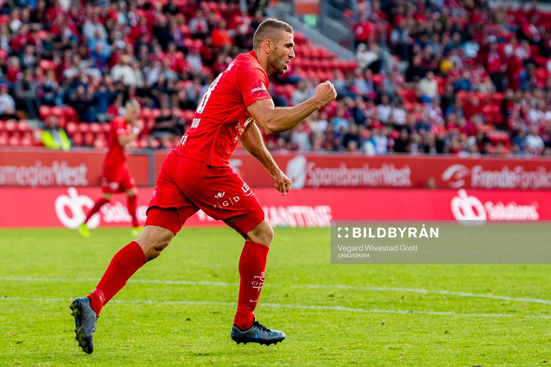 Azar Karadas of Brann celebrates after scoring 2-3 during the Eliteserien football match between Brann and Tromsø on August 25, 2019 in Bergen.