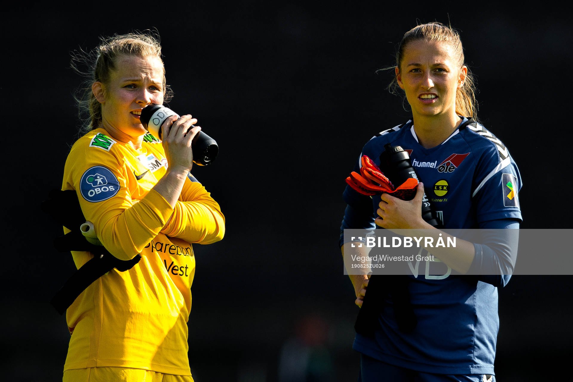 Goalkeeper Oda Marie Hove Bogstad of Arna-Bjørnar and goalkeeper Cecilie Fiskerstrand of LSK Kvinner after the Toppserien football match between Arna-Bjørnar and LSK Kvinner on August 25, 2019 in Arna.