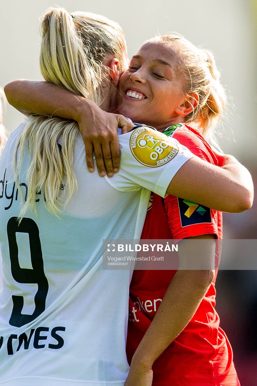 Emilie Nautnes of LSK Kvinner and Rikke Nygard of Arna-Bjørnar after the Toppserien football match between Arna-Bjørnar and LSK Kvinner on August 25, 2019 in Arna.