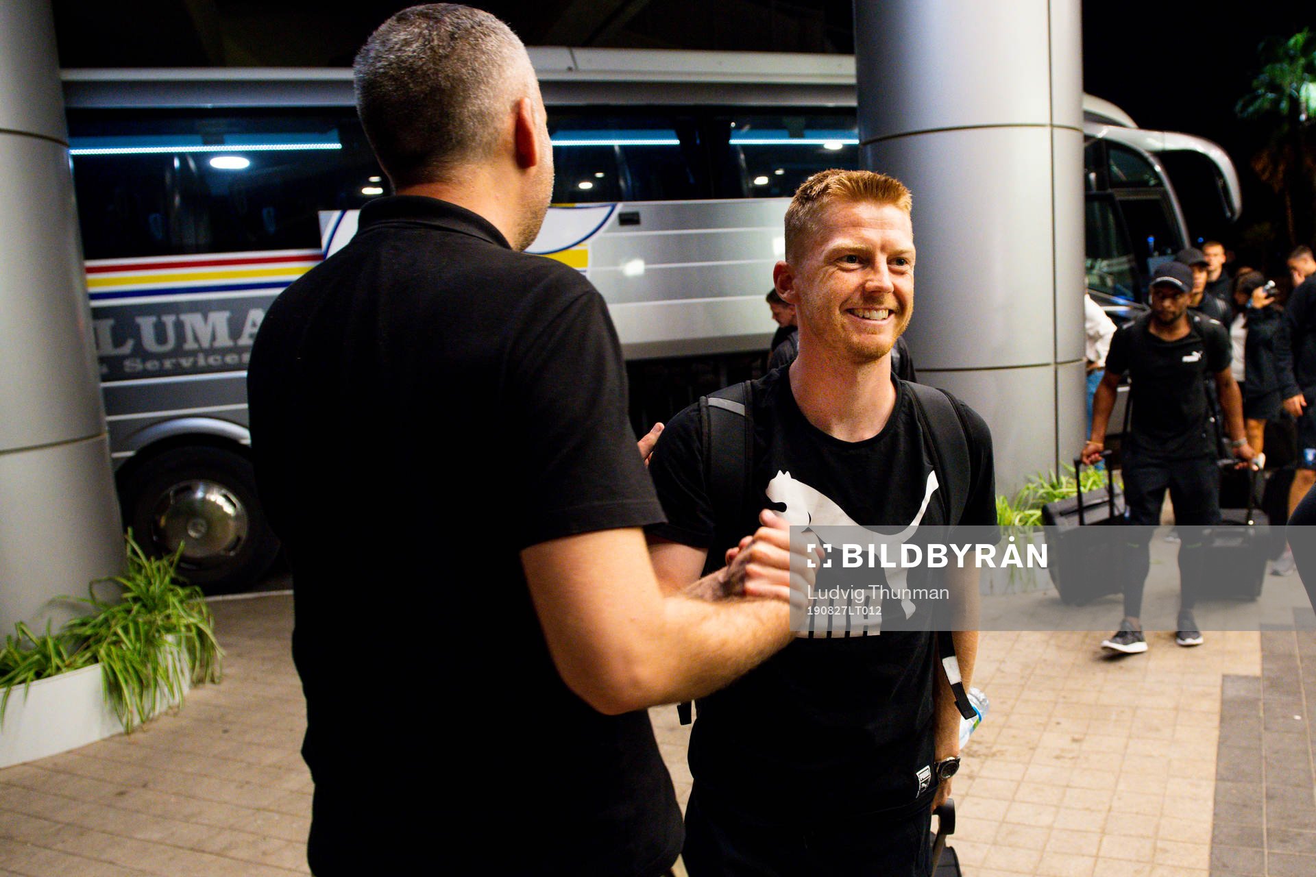 Anders Christiansen of Malmö FF arrives at the team hotel
