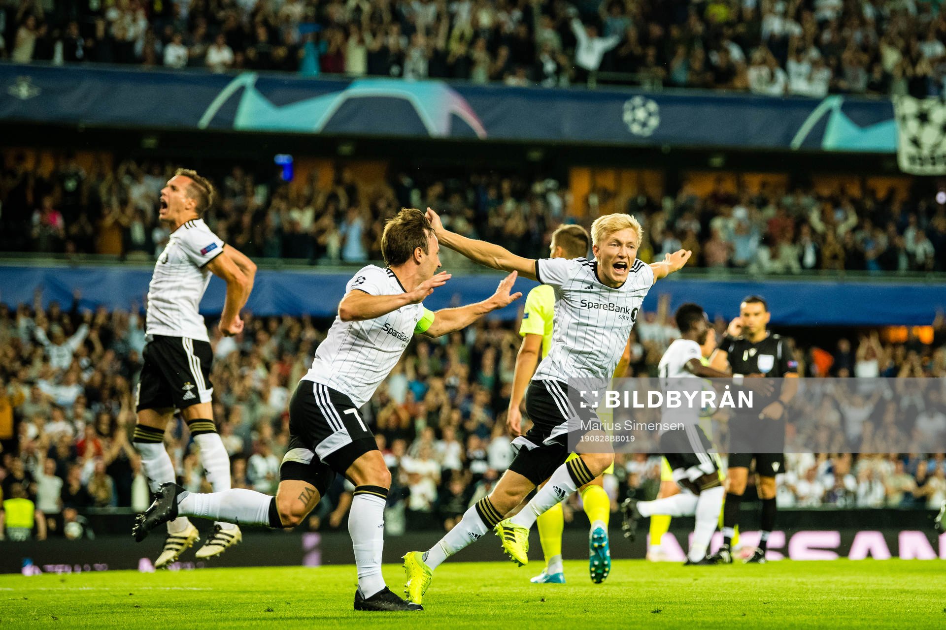 Mike Lindemann Jensen and Birger Solberg Meling of Rosenborg celebrates after the 1-0 goal during the Champions League play-off match between Rosenborg and Dinamo Zagreb on August 27, 2019 in Trondheim.